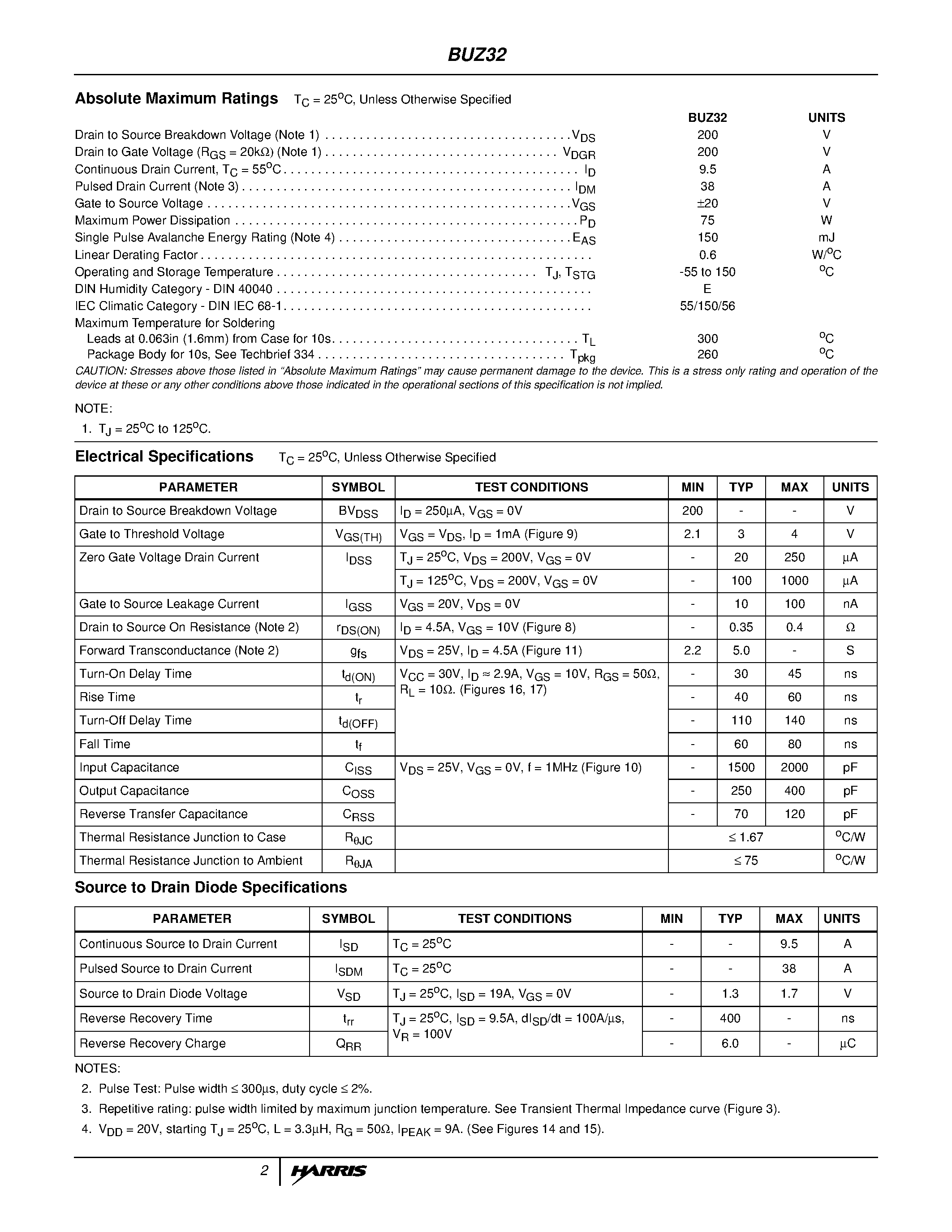 Datasheet BUZ32 page 2 Datasheet BUZ32 - 9.5A/ 200V/ 0.400 Ohm/ N-Channel Power MOSFET page 2