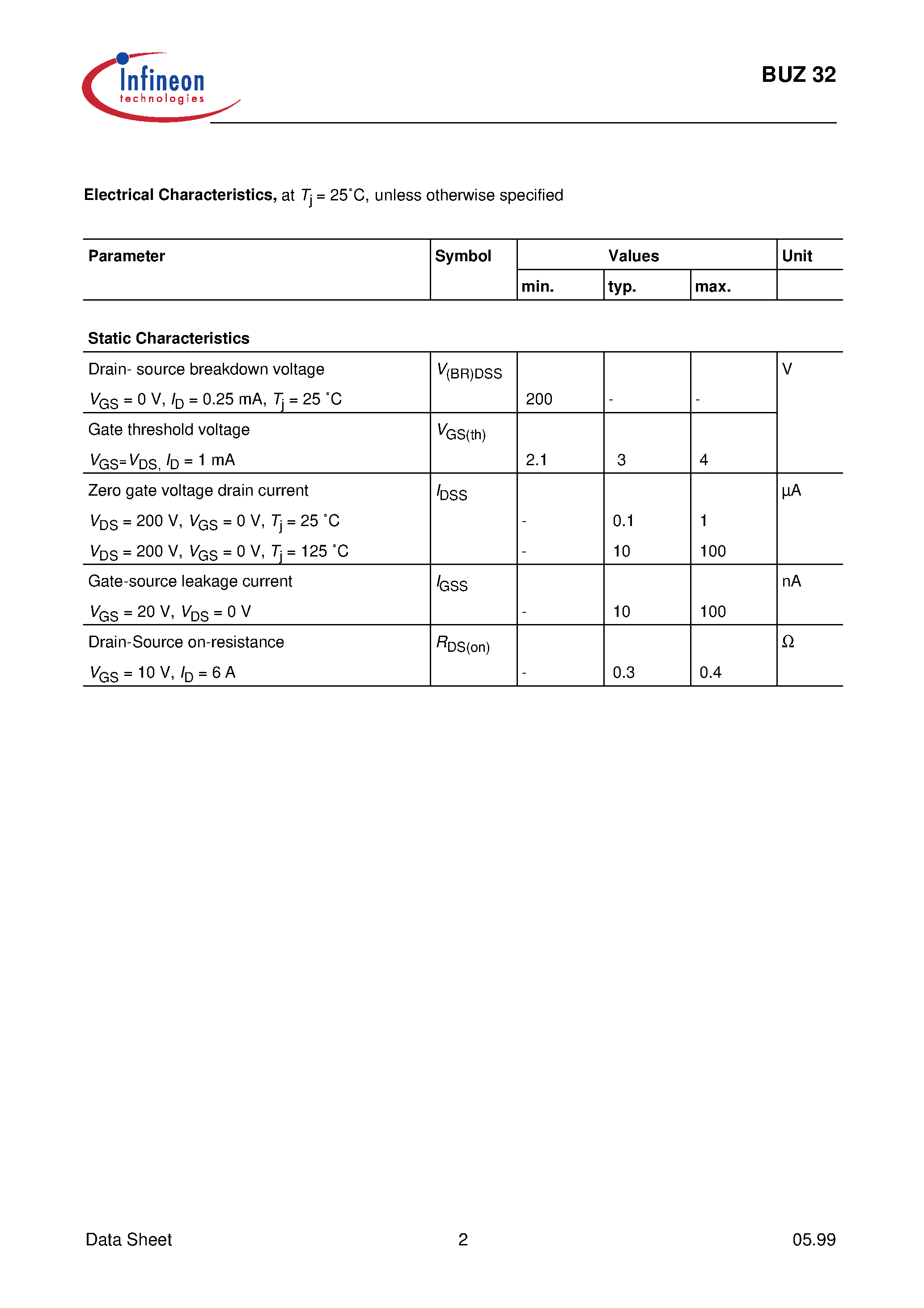 Datasheet BUZ32 page 2 Datasheet BUZ32 - SIPMOS Power Transistor page 2