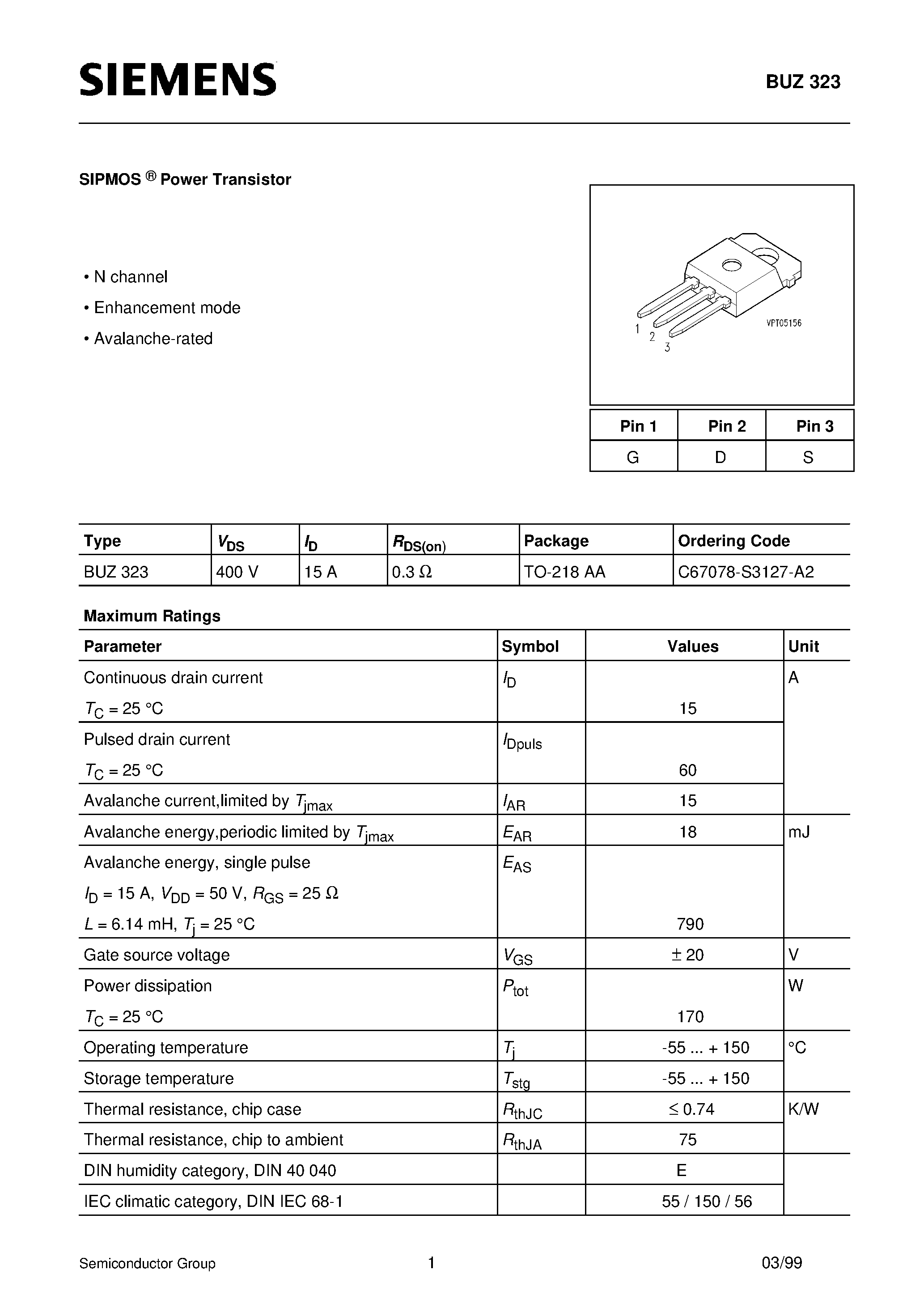 Datasheet BUZ323 - SIPMOS Power Transistor page 1