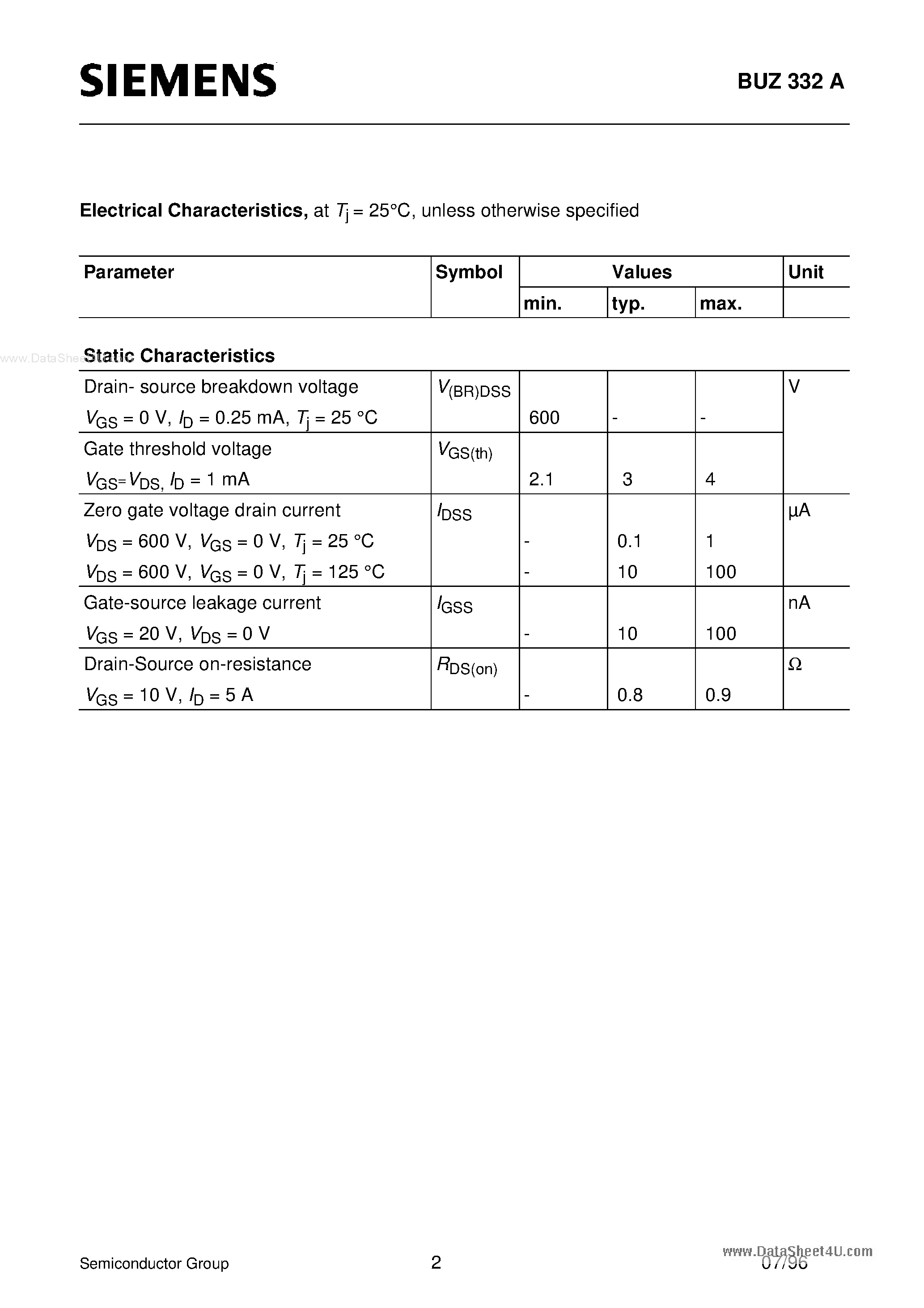 Datasheet BUZ332A - SIPMOS Power Transistor(N Channel) page 2