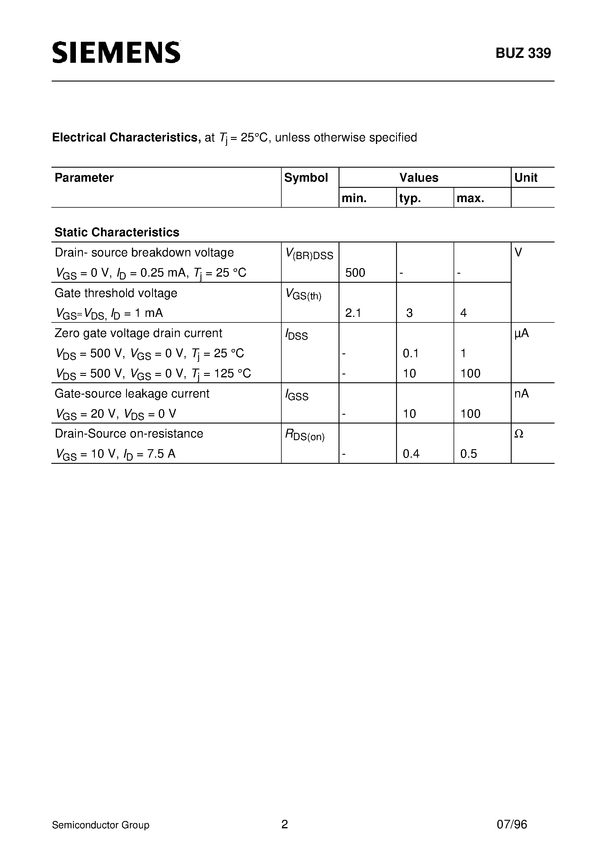 Datasheet BUZ339 - SIPMOS Power Transistor (N channel Enhancement mode Avalanche-rated) page 2