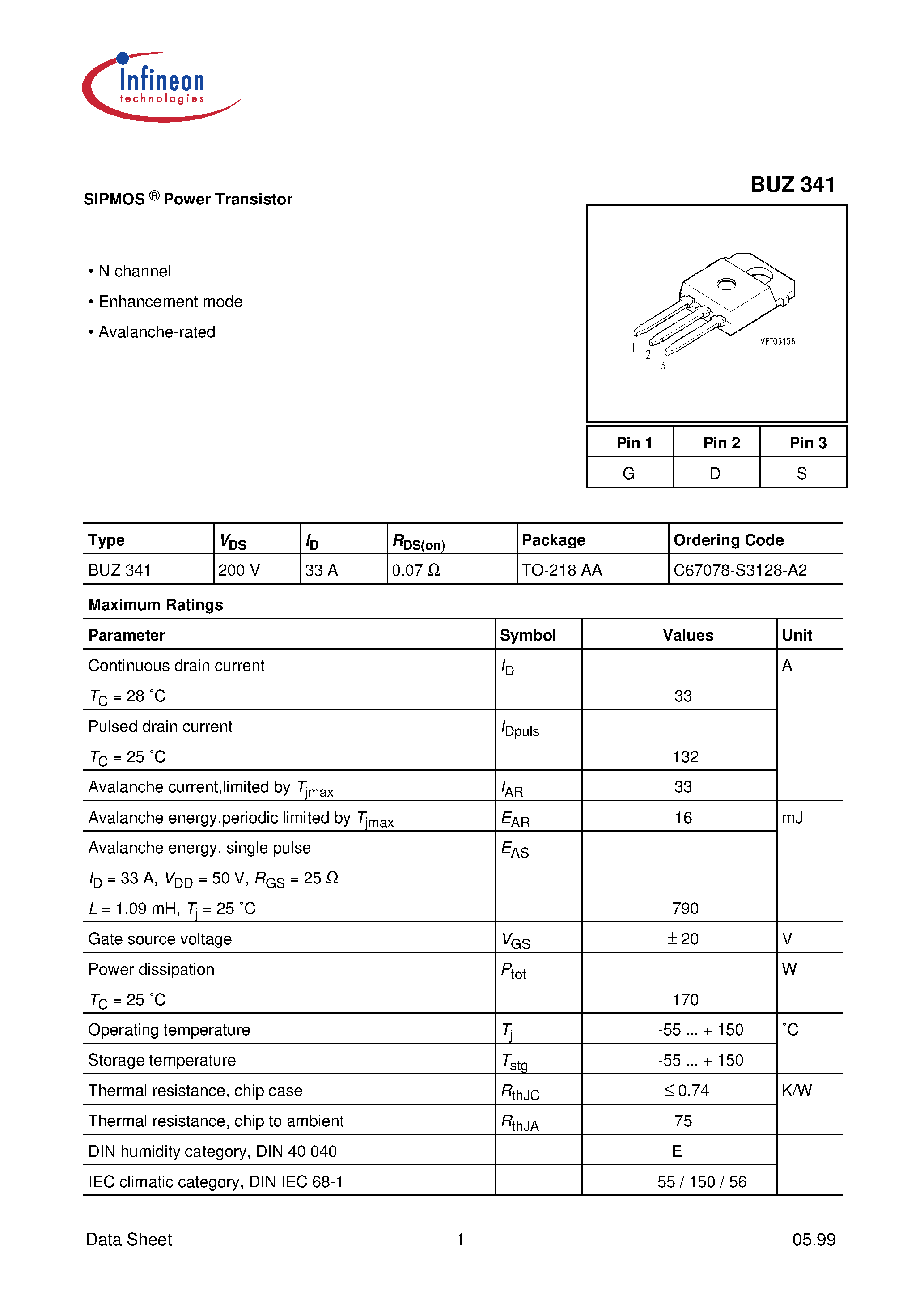 Datasheet BUZ341 - SIPMOS Power Transistor page 1
