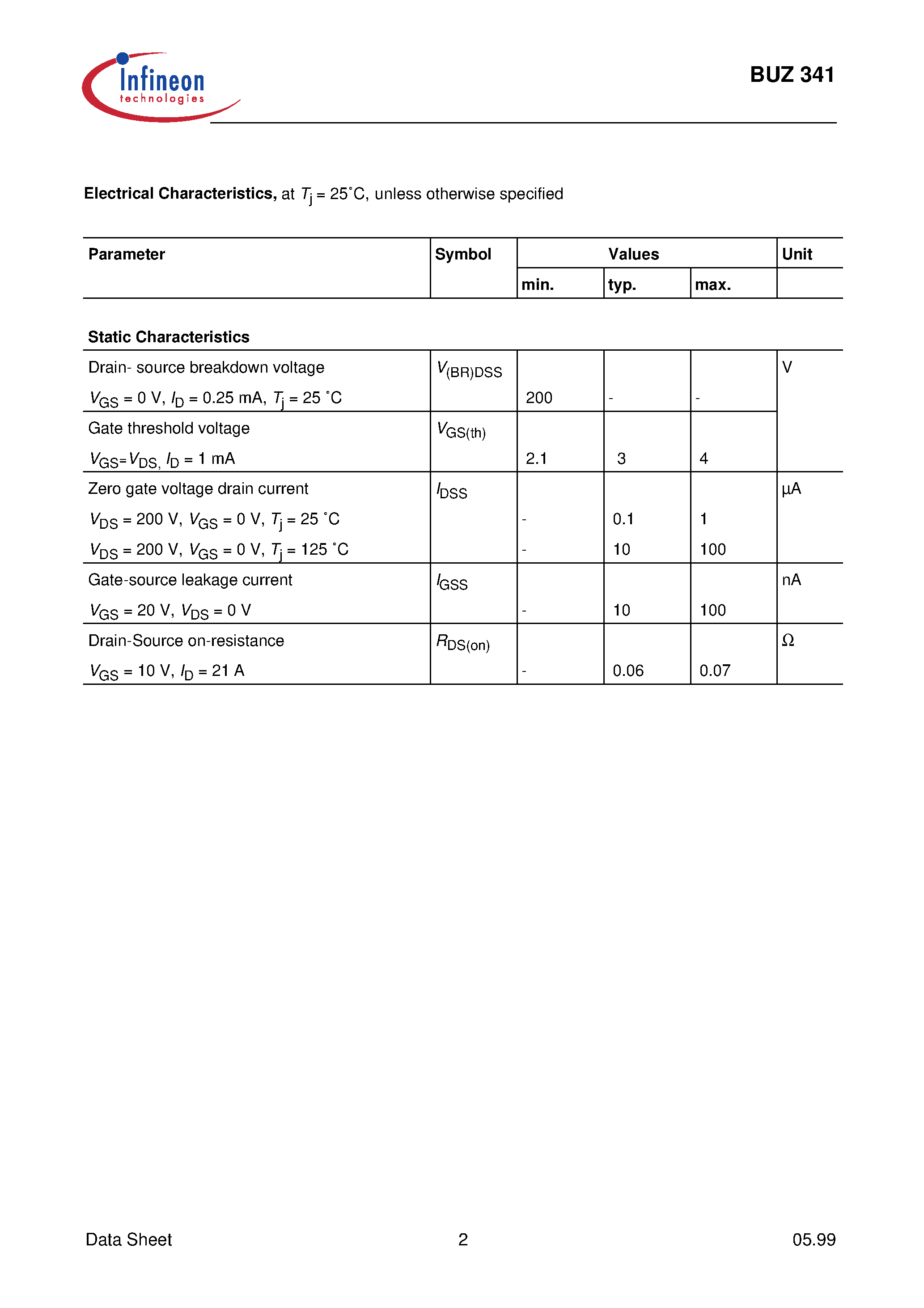 Datasheet BUZ341 - SIPMOS Power Transistor page 2