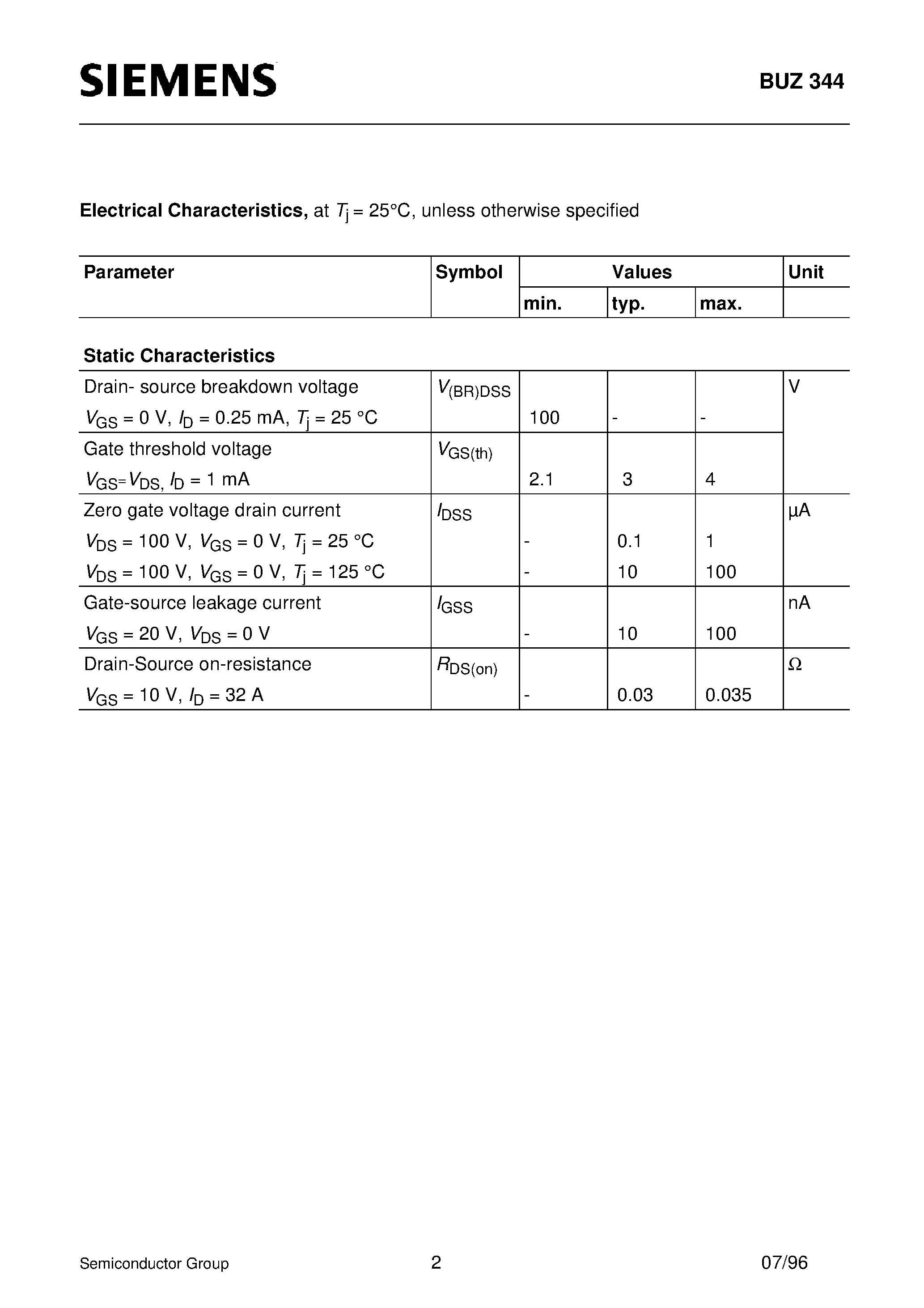 Datasheet BUZ344 - SIPMOS Power Transistor (N channel Enhancement mode Avalanche-rated) page 2