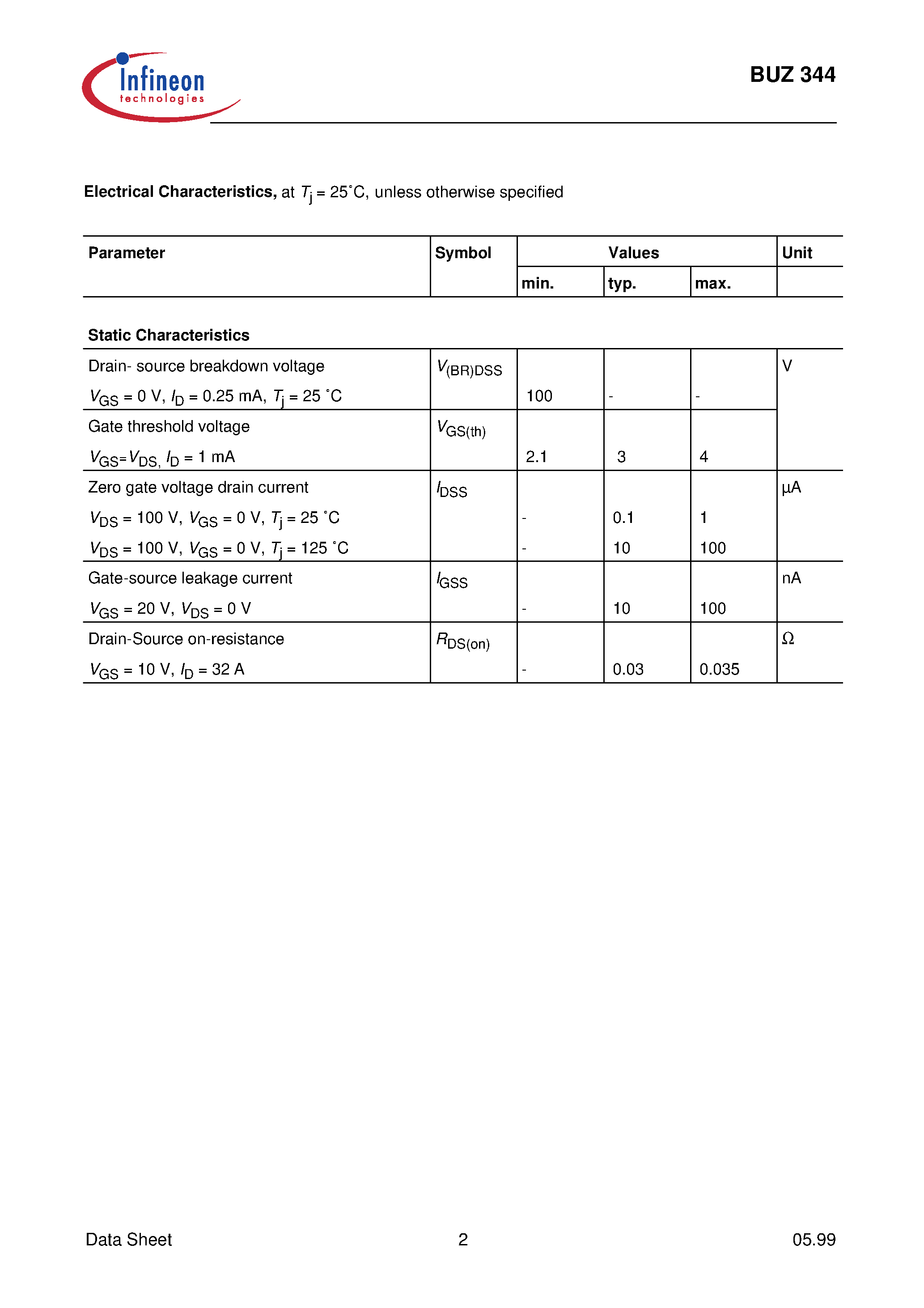 Datasheet BUZ344 - SIPMOS Power Transistor page 2