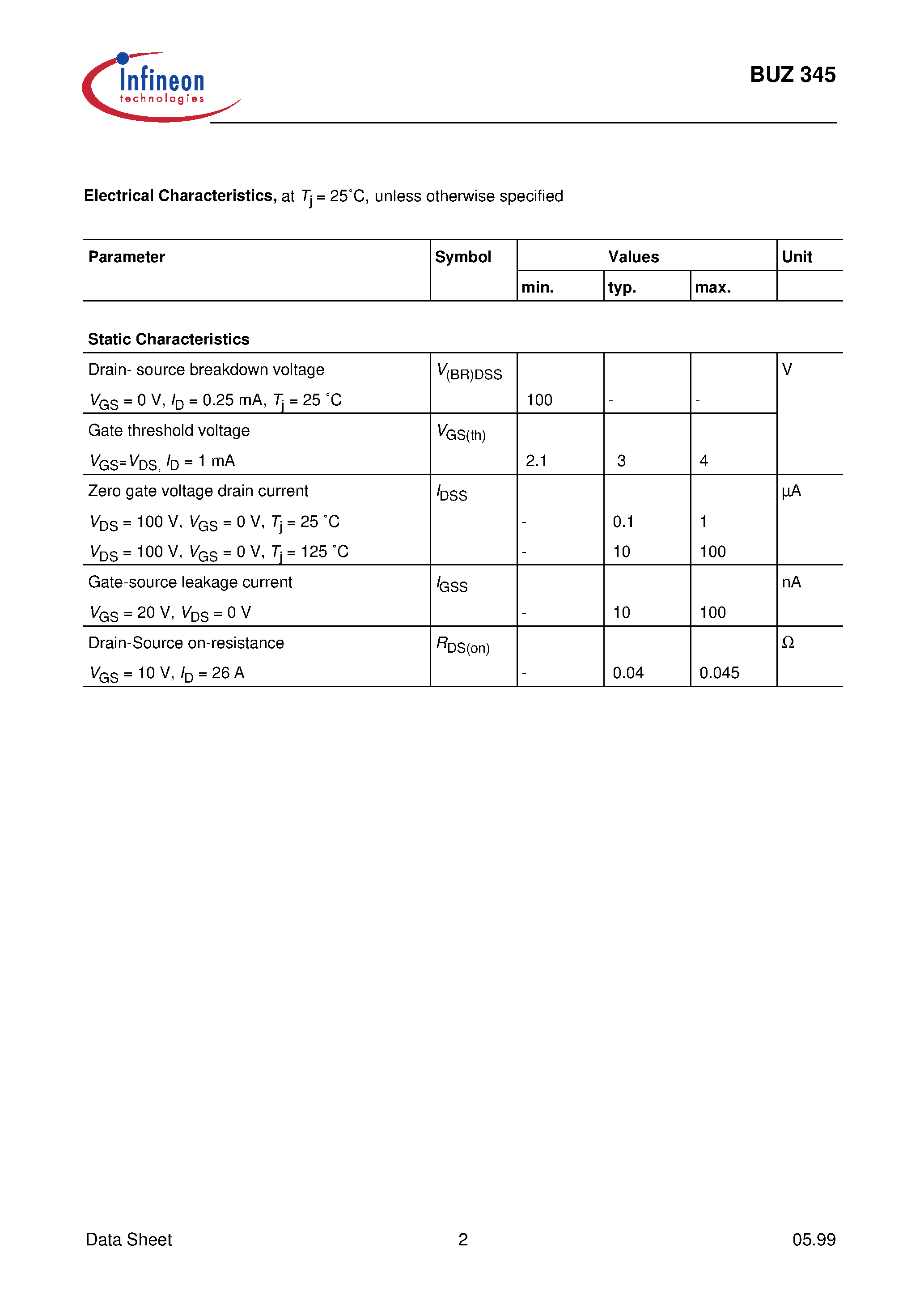 Datasheet BUZ345 - SIPMOS Power Transistor page 2