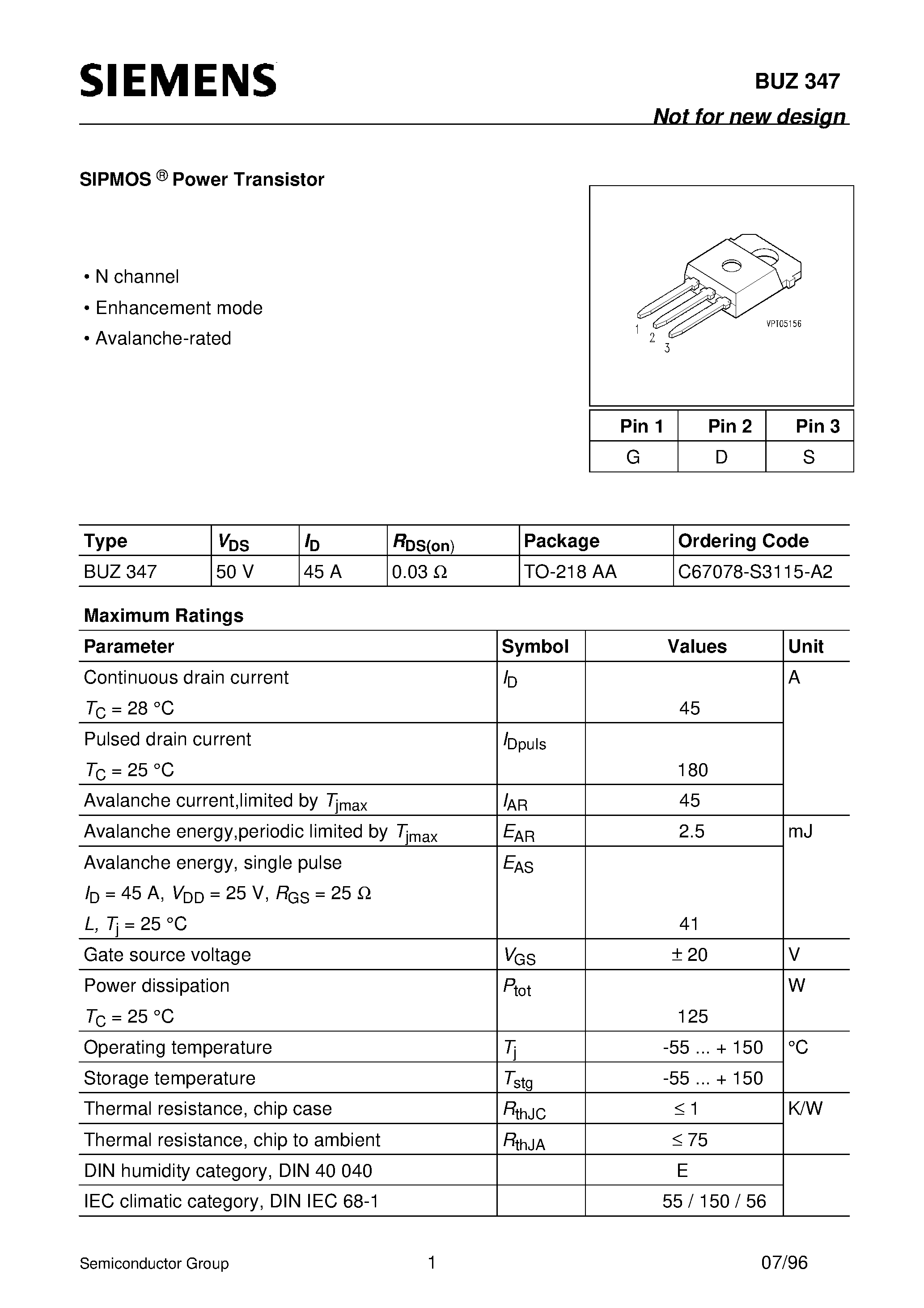Datasheet BUZ347 - SIPMOS Power Transistor (N channel Enhancement mode Avalanche-rated) page 1