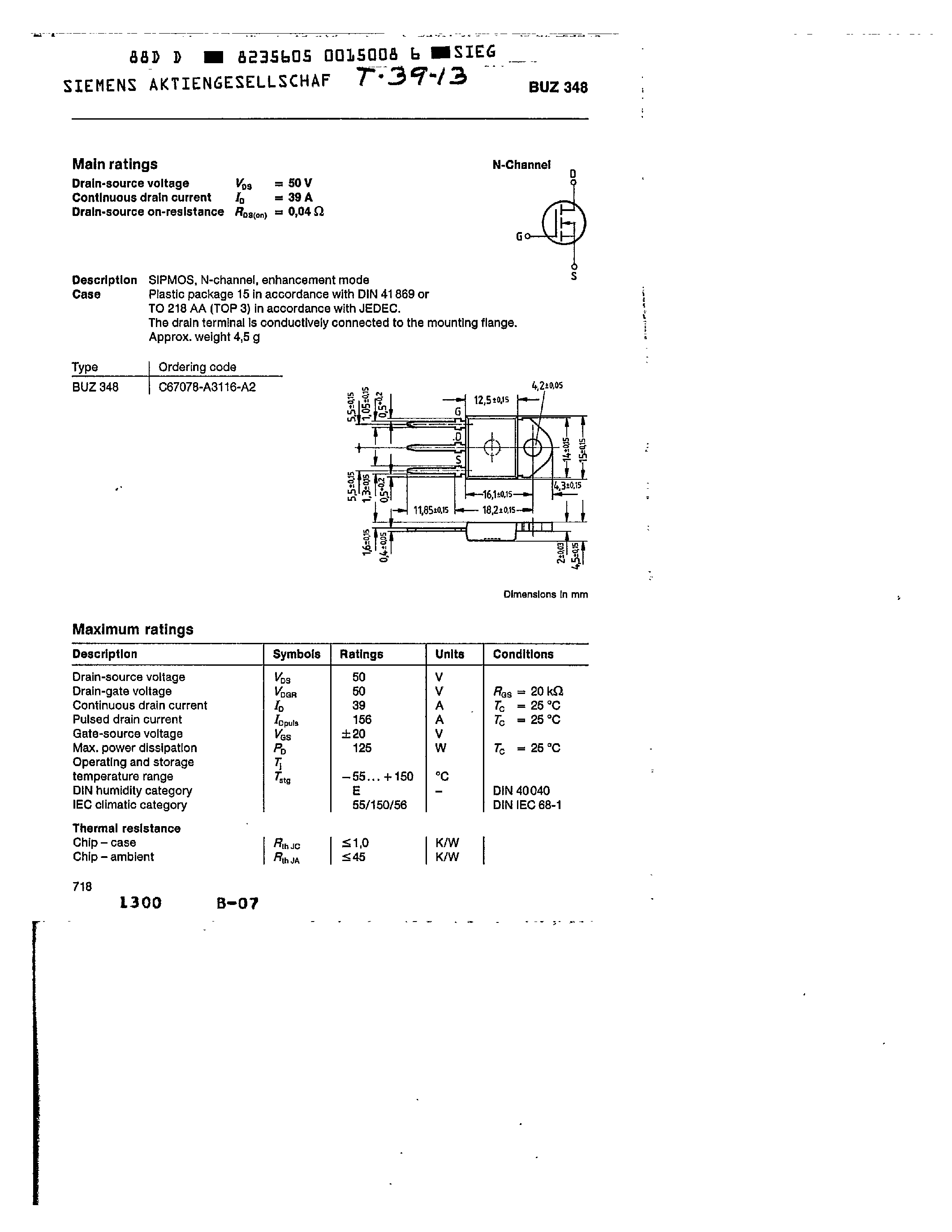 Datasheet BUZ348 - main ratings page 1