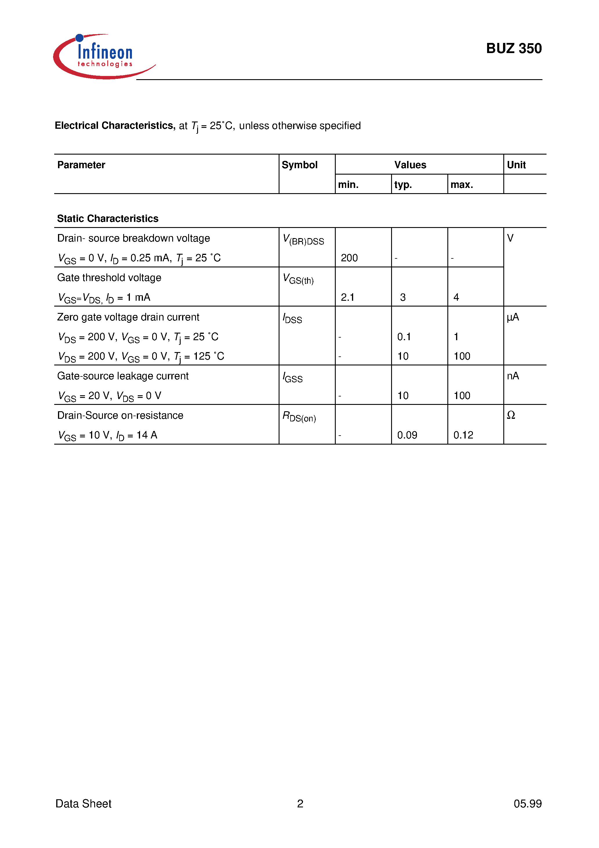Datasheet BUZ350 - SIPMOS Power Transistor page 2
