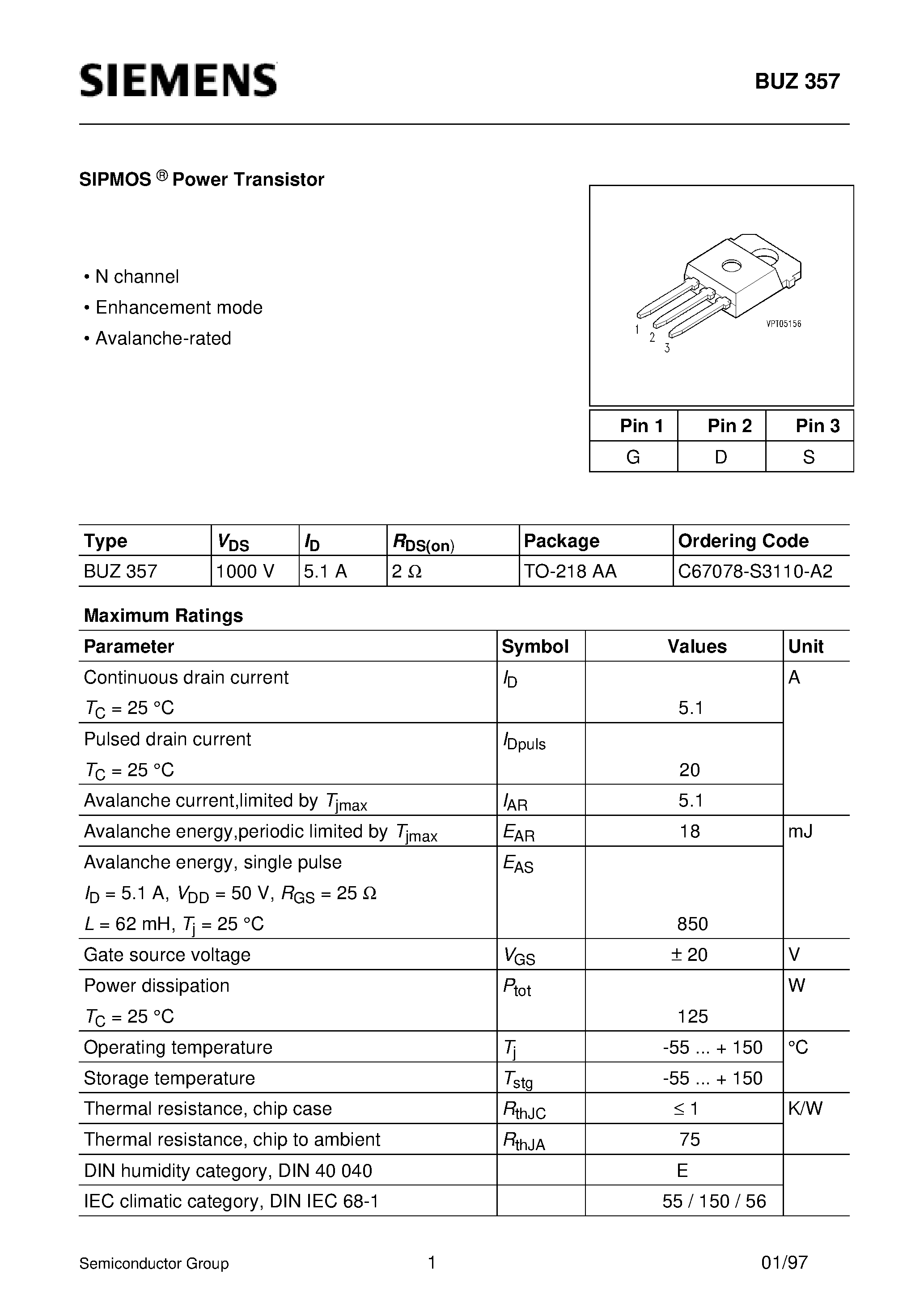 Datasheet BUZ357 - SIPMOS Power Transistor (N channel Enhancement mode Avalanche-rated) page 1