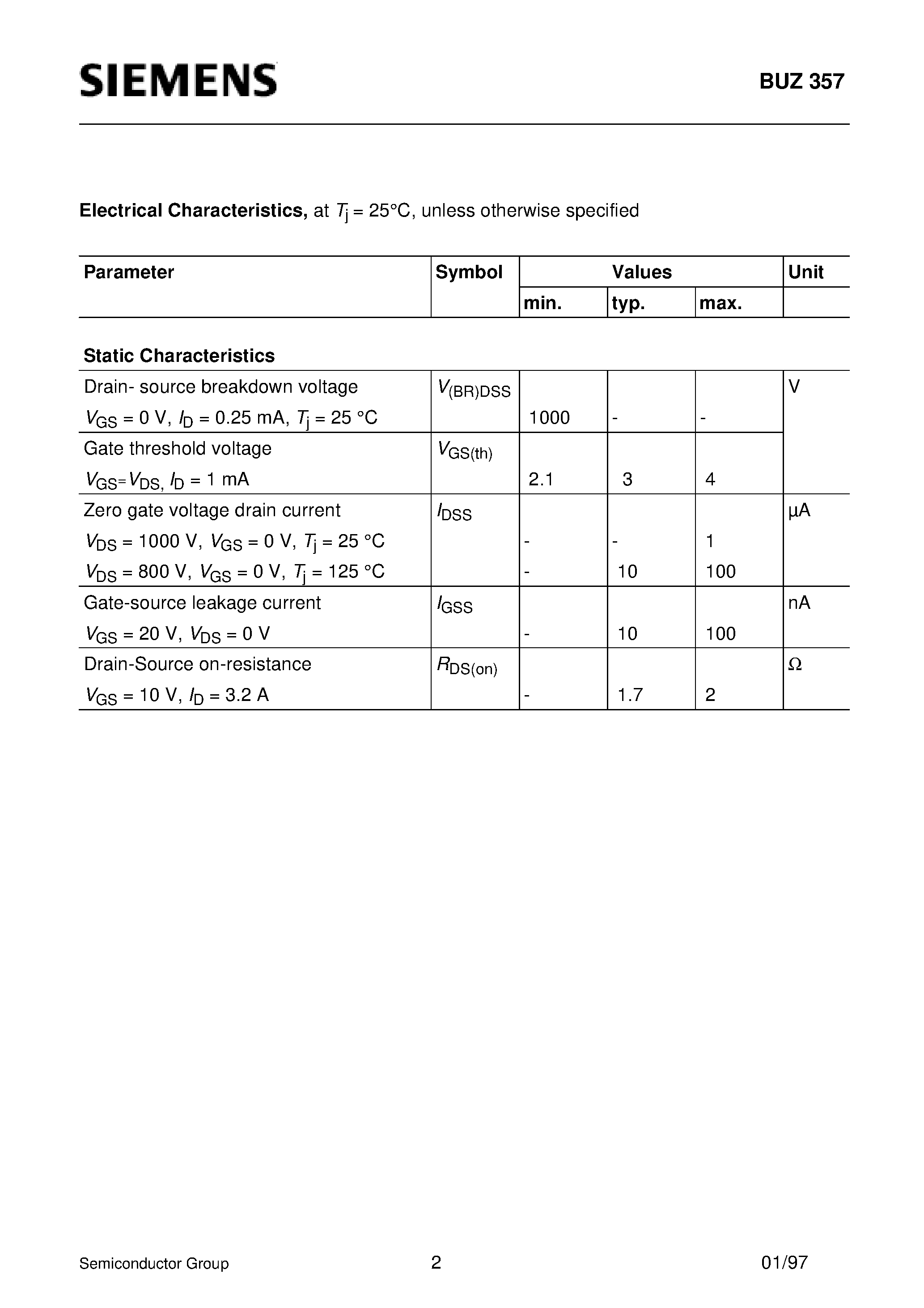 Datasheet BUZ357 - SIPMOS Power Transistor (N channel Enhancement mode Avalanche-rated) page 2