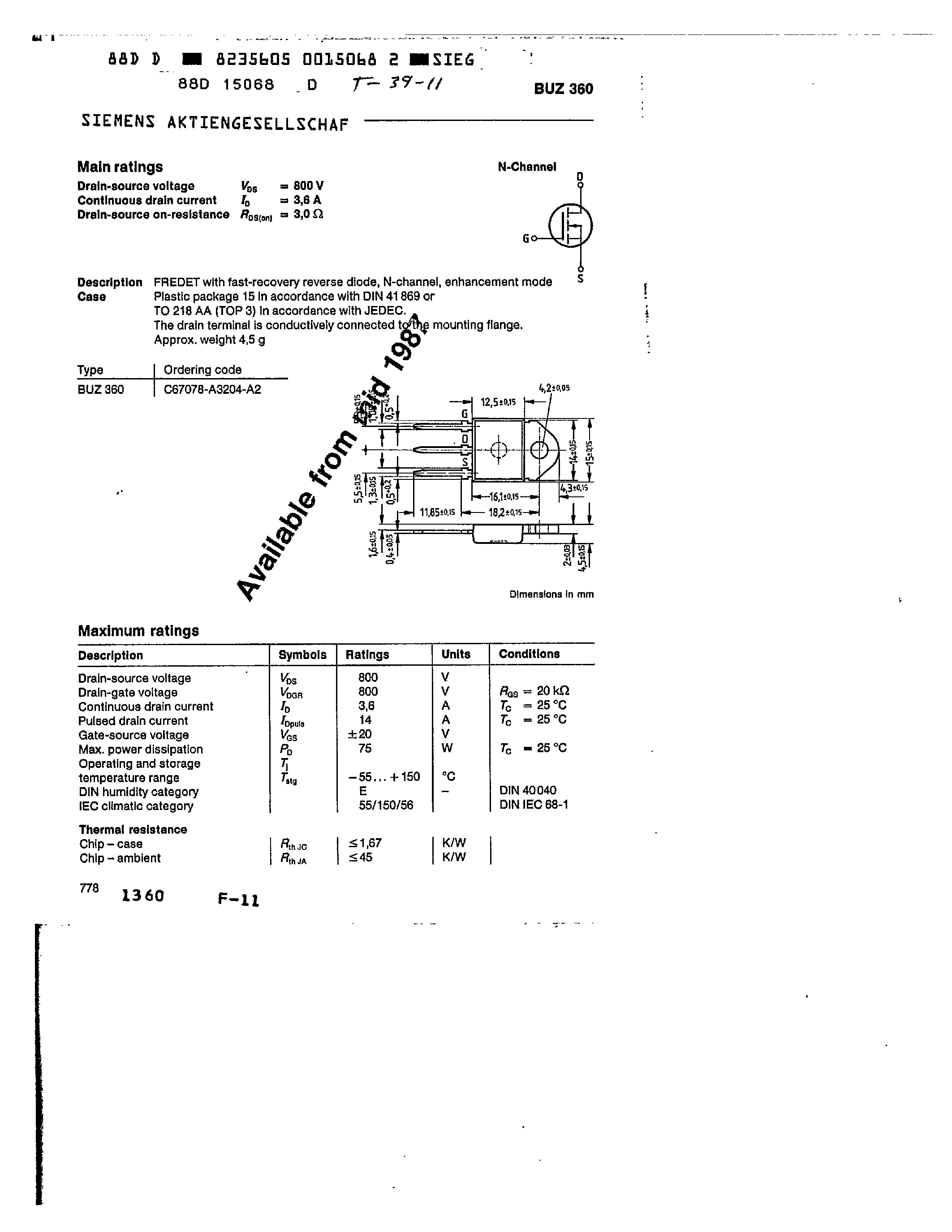 Datasheet BUZ361 - main ratings page 1