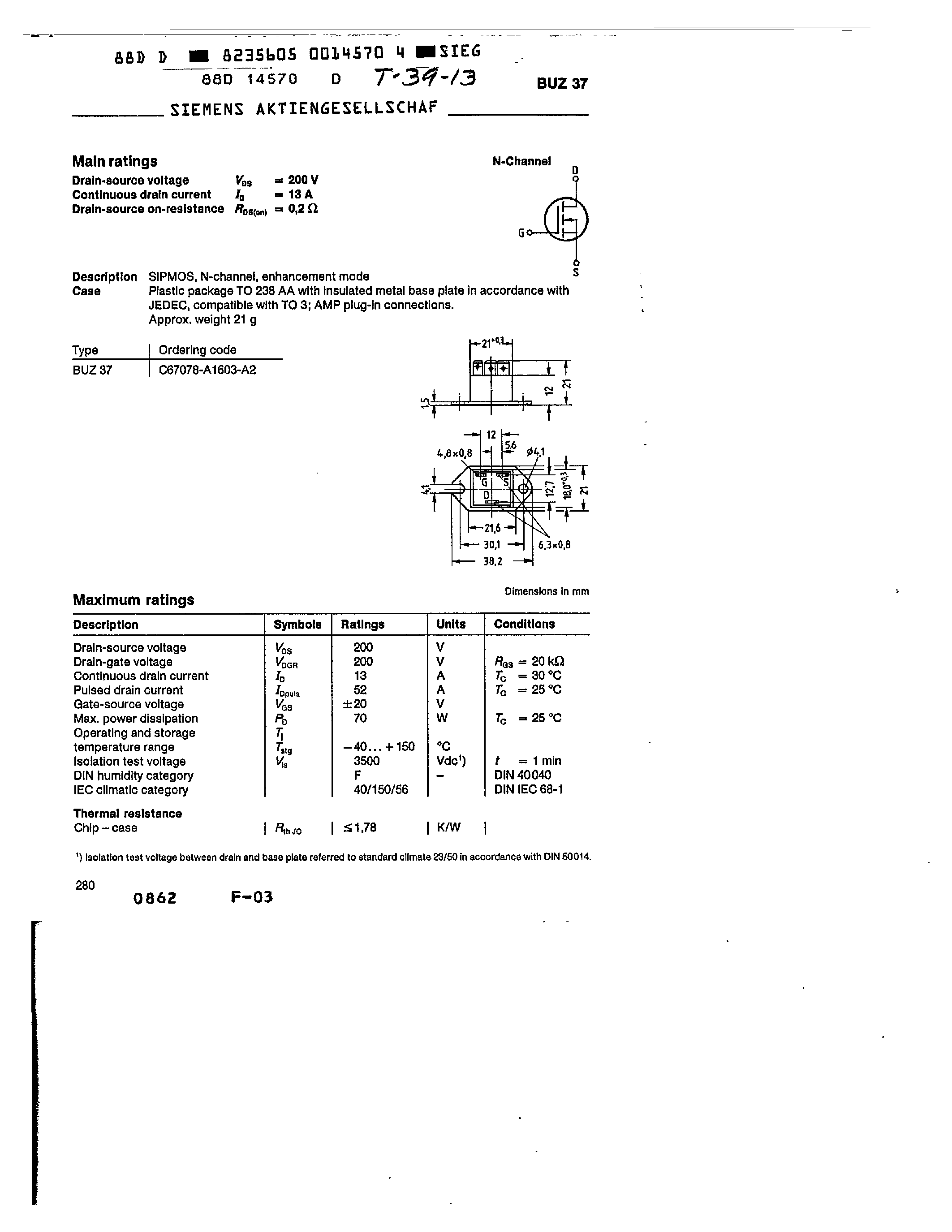Datasheet BUZ37 - main ratings page 1