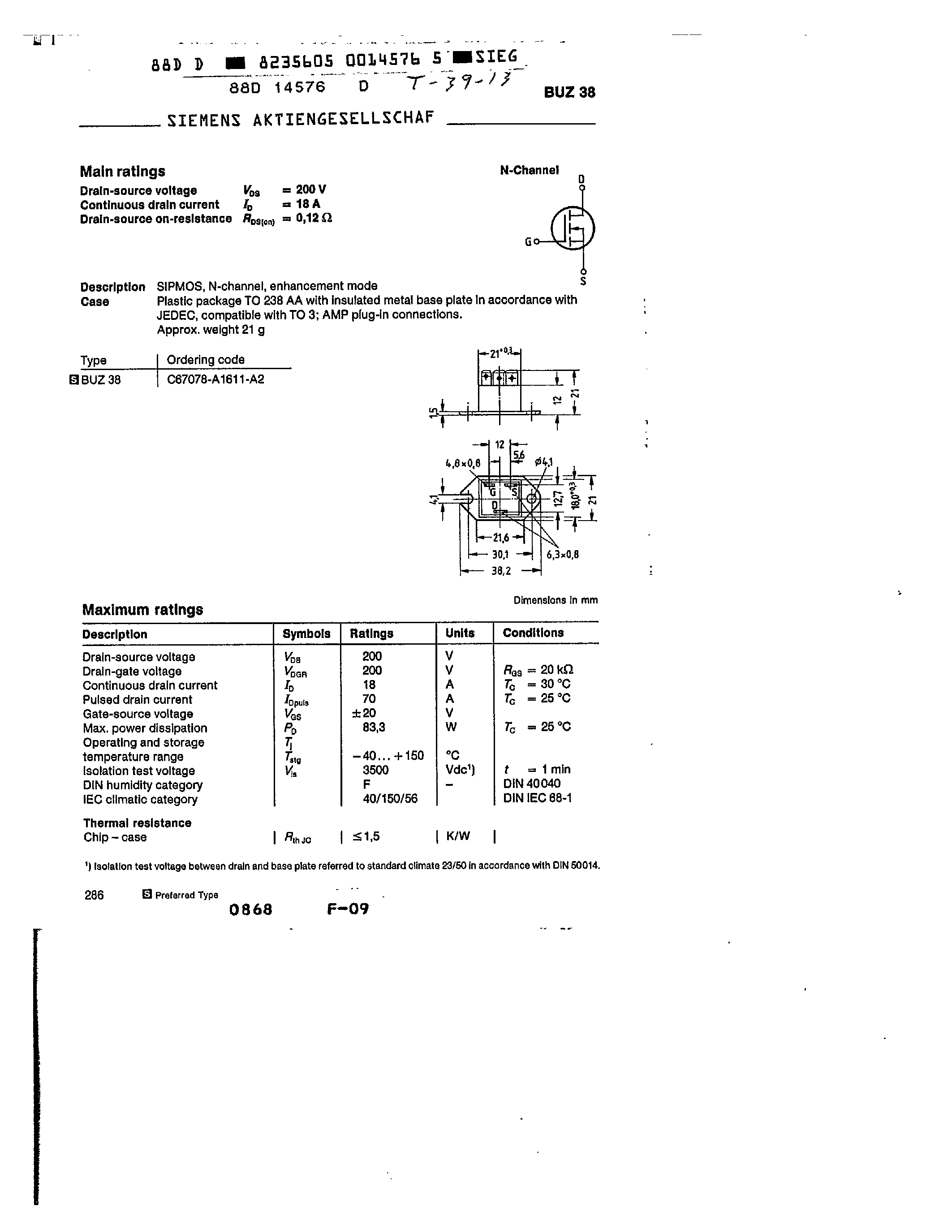 Datasheet BUZ38 - main ratings page 1