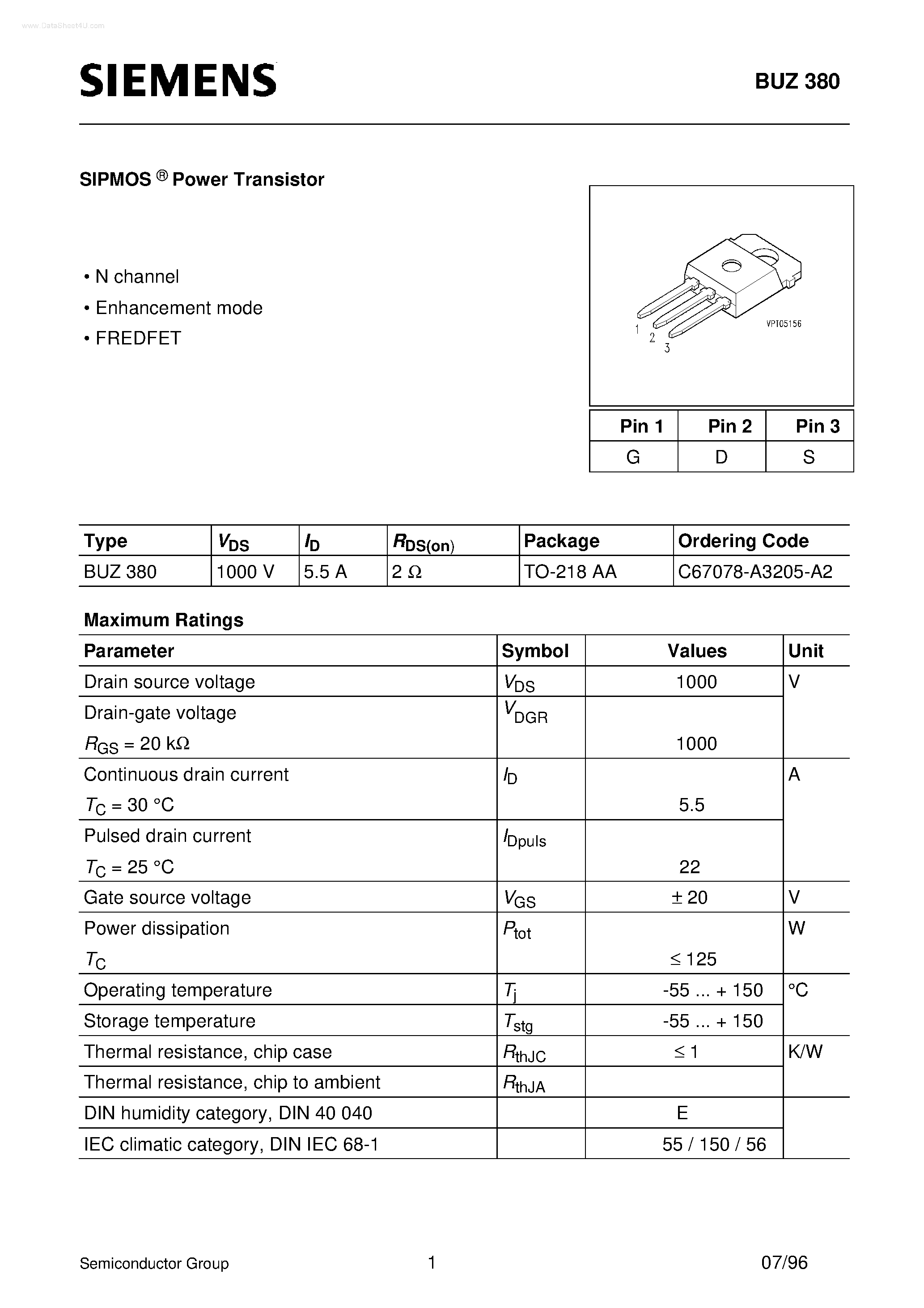 Datasheet BUZ380 - SIPMOS Power Transistor (N channel Enhancement mode FREDFET) page 1