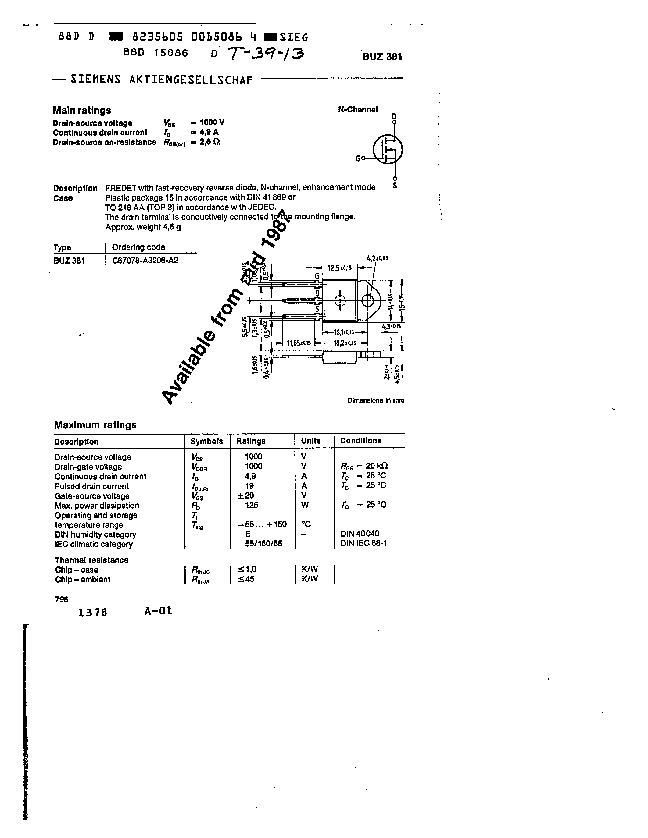 Datasheet BUZ381 - main ratings page 1