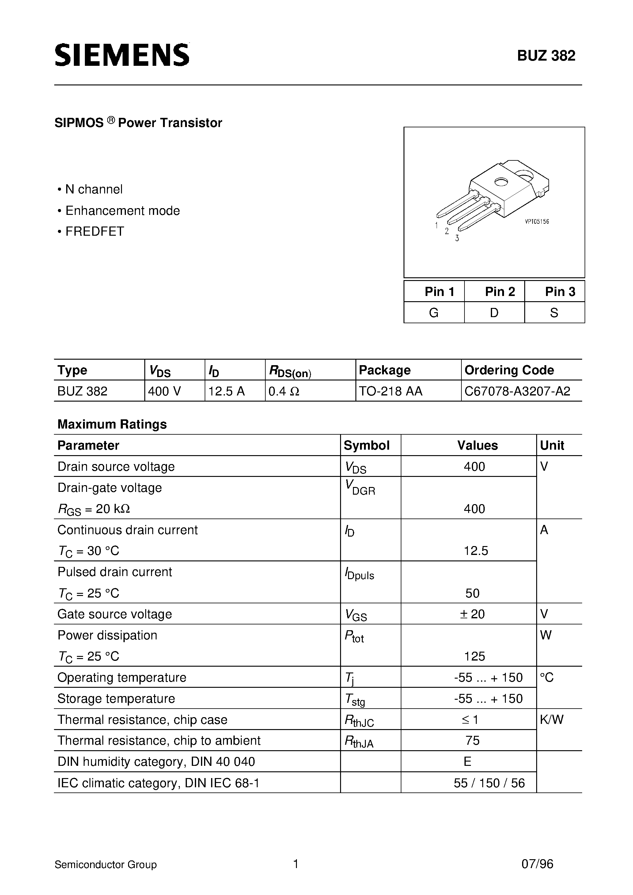 Datasheet BUZ382 - SIPMOS Power Transistor(400 V 12.5A 0.4 Ohm TO-218AA) page 1