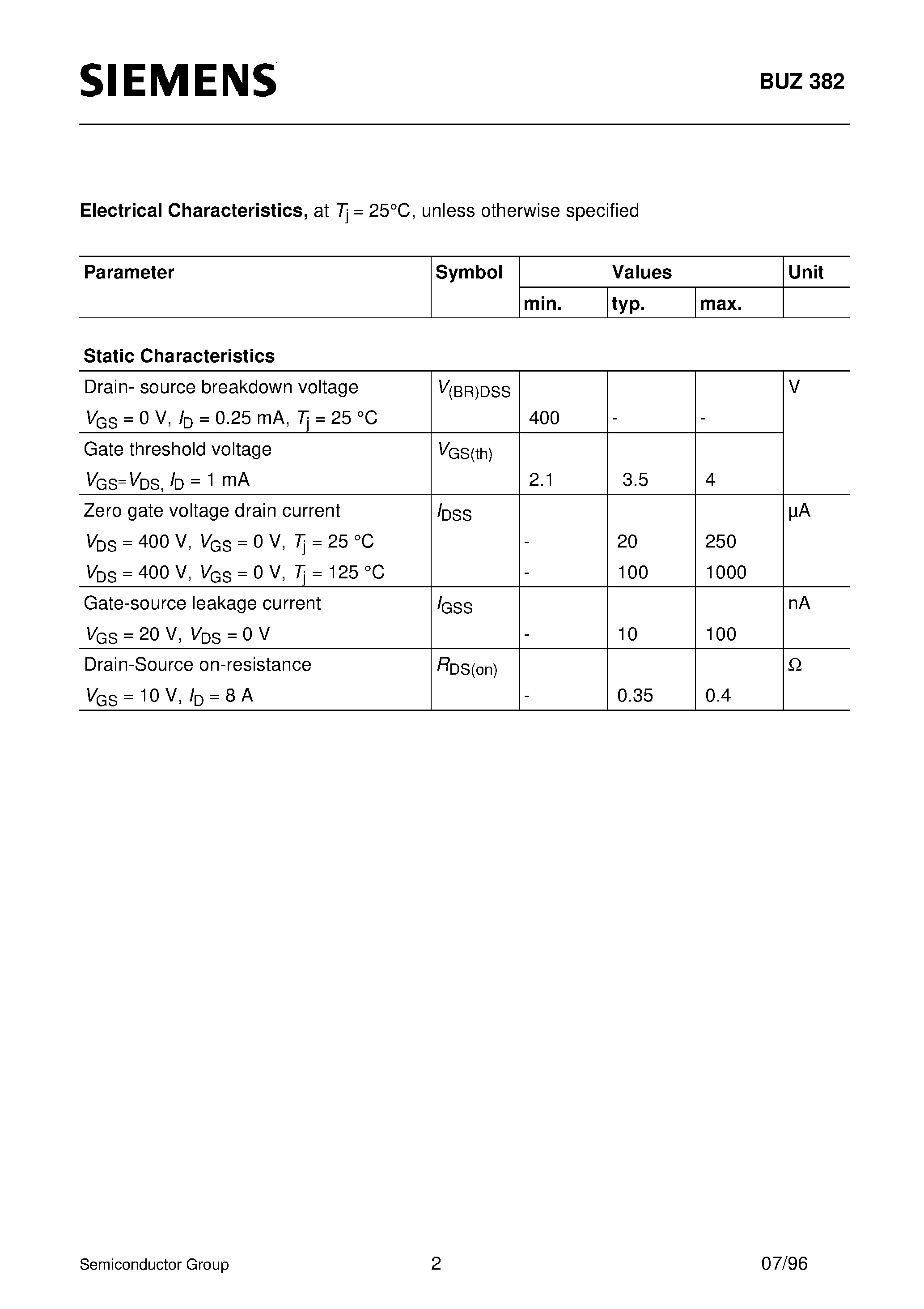Datasheet BUZ382 - SIPMOS Power Transistor(400 V 12.5A 0.4 Ohm TO-218AA) page 2