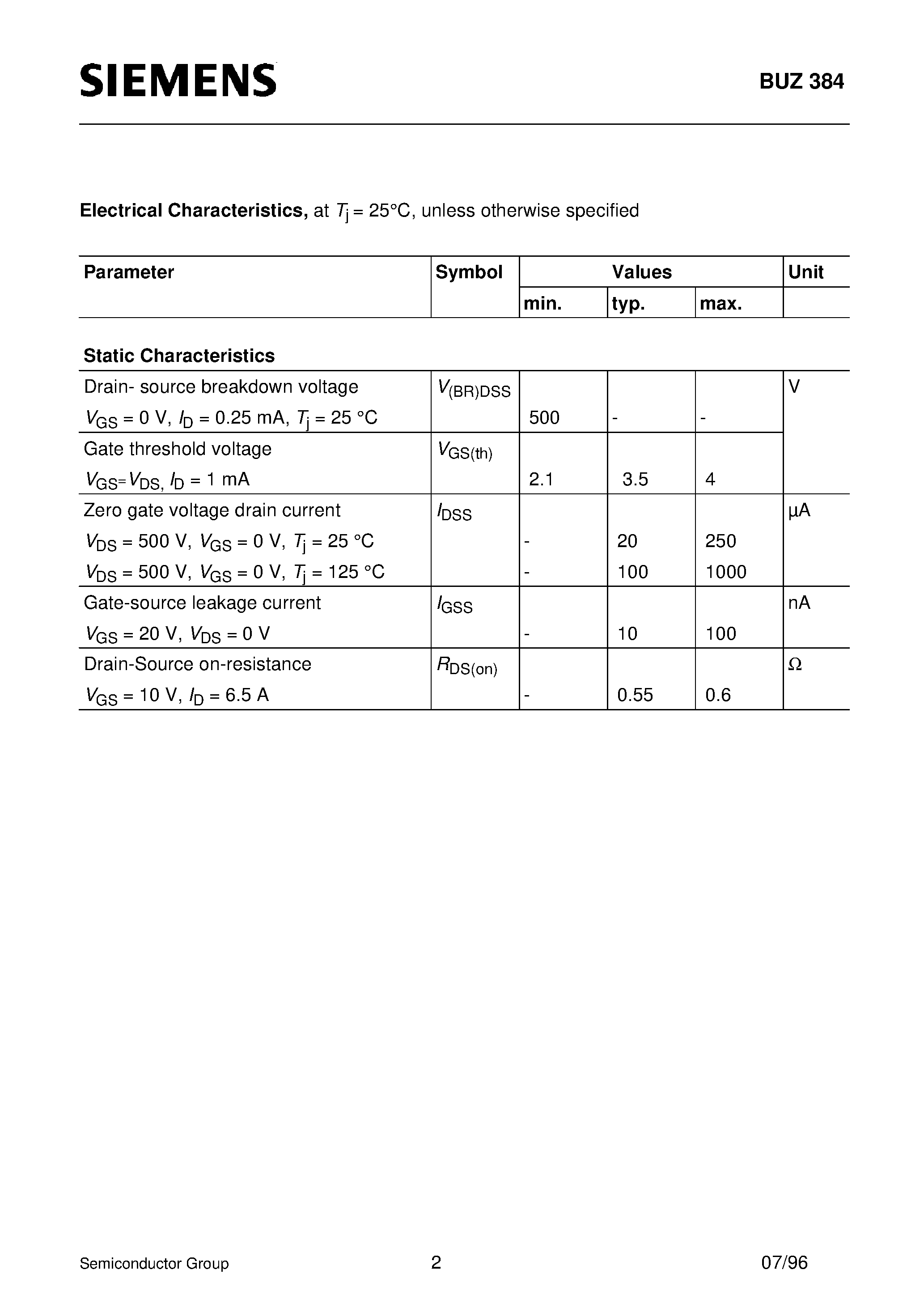 Datasheet BUZ384 - SIPMOS Power Transistor (N channel Enhancement mode FREDFET) page 2