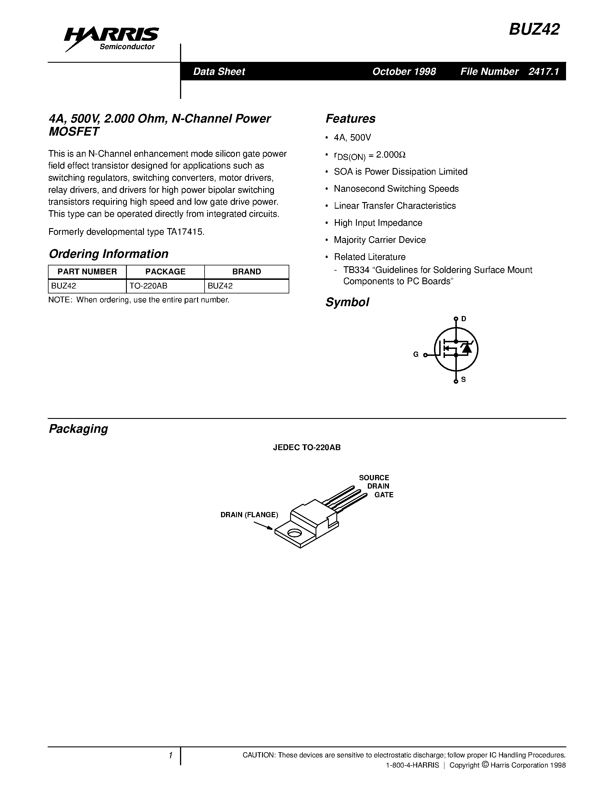 Datasheet BUZ42 - 4A/ 500V/ 2.000 Ohm/ N-Channel Power MOSFET page 1