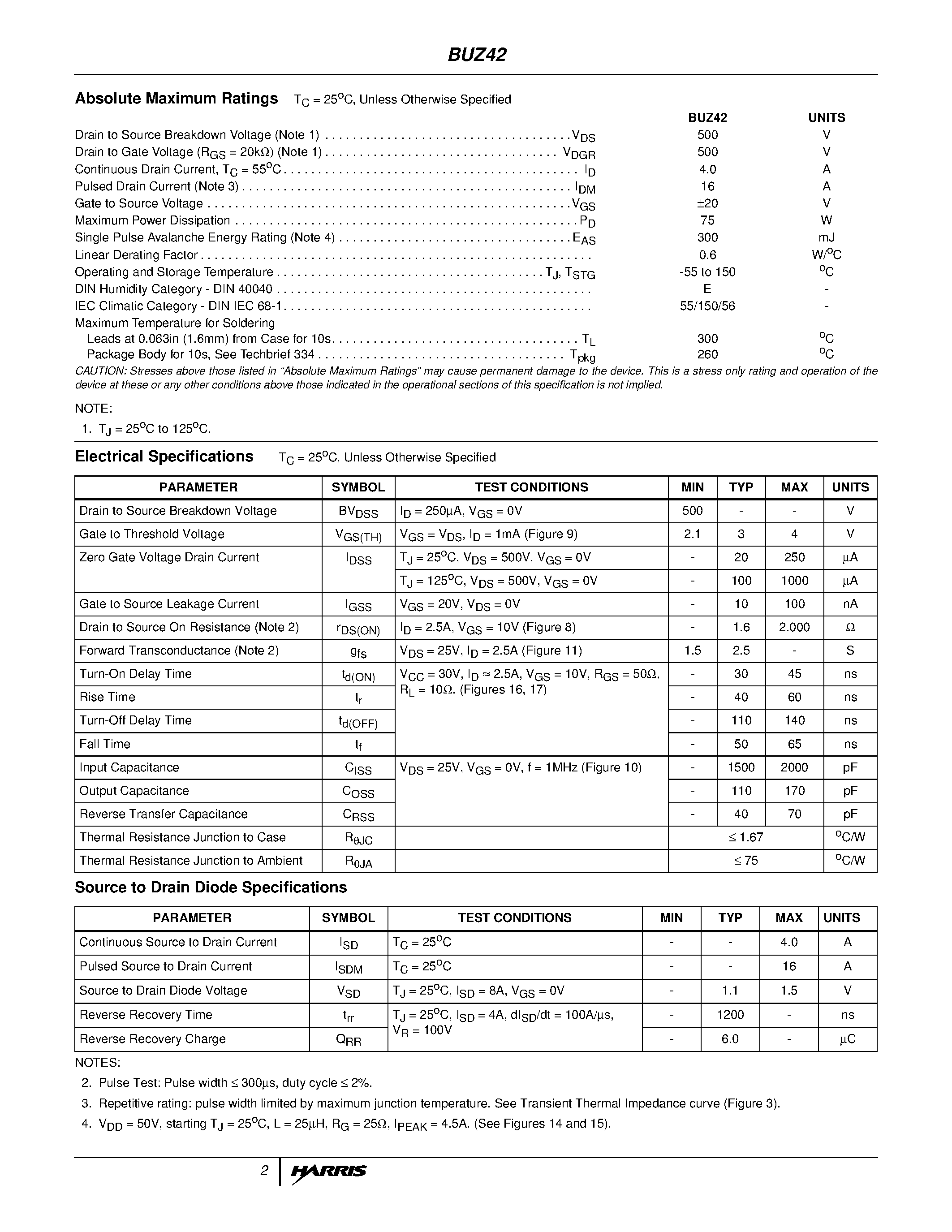 Datasheet BUZ42 - 4A/ 500V/ 2.000 Ohm/ N-Channel Power MOSFET page 2