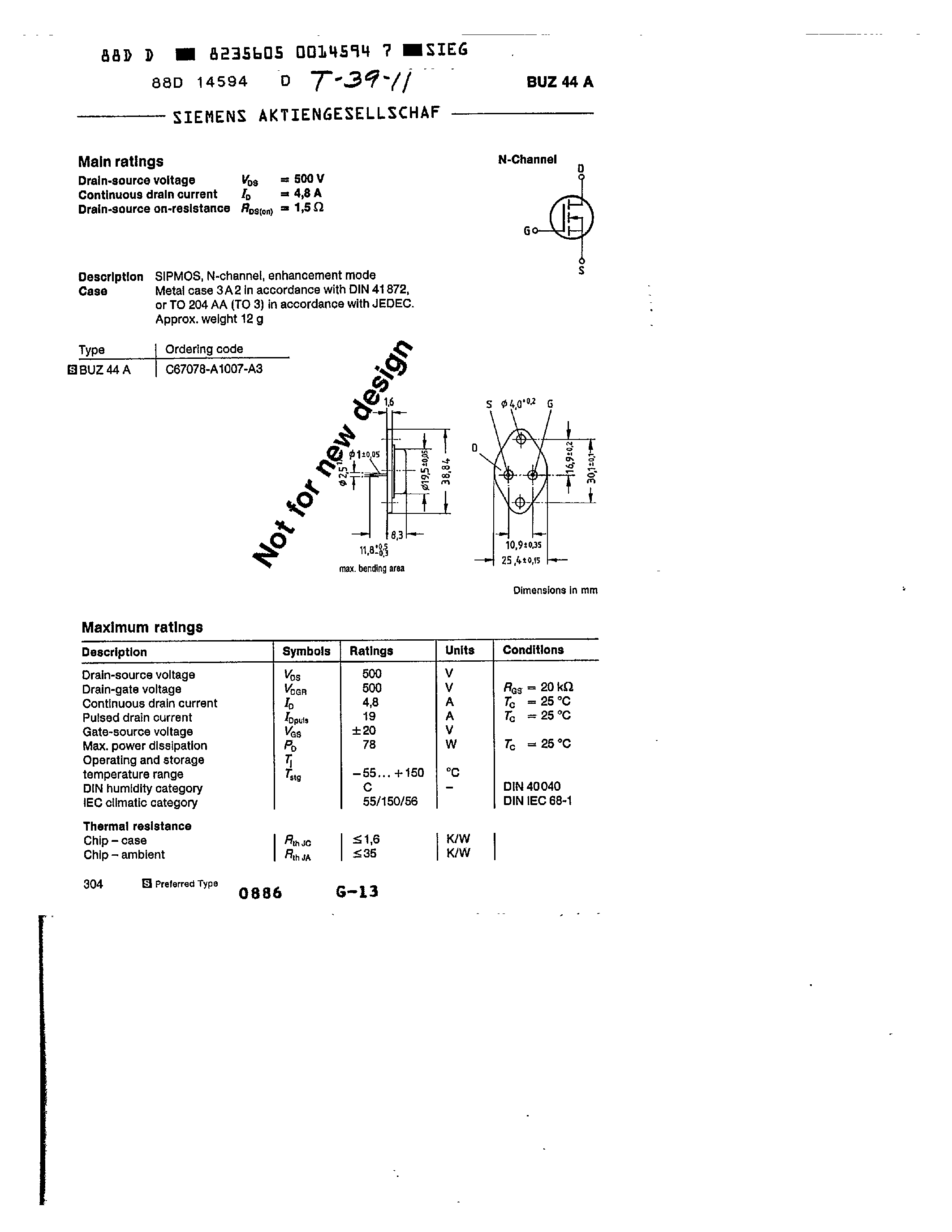 Datasheet BUZ44A - main ratings page 1