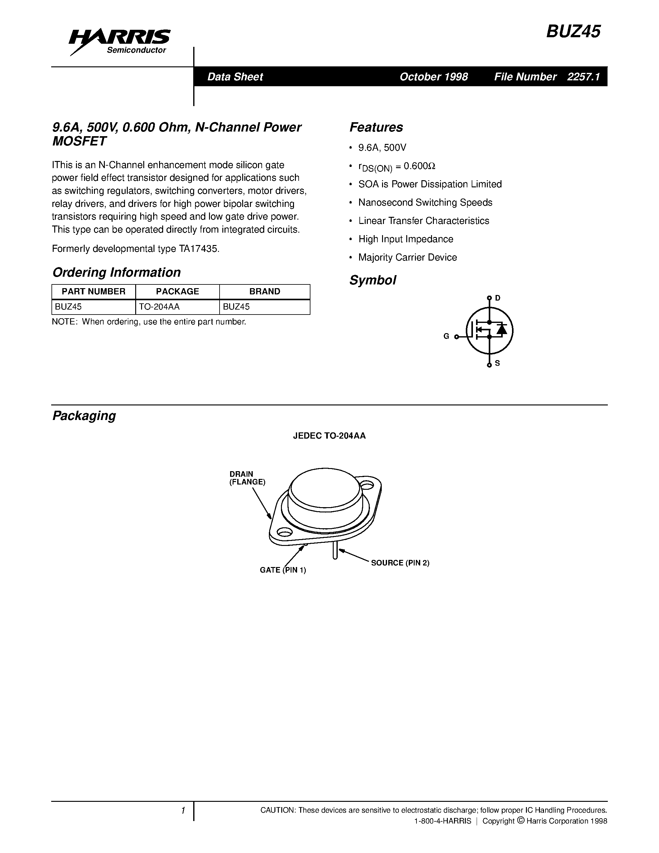 Даташит BUZ45 - 9.6A/ 500V/ 0.600 Ohm/ N-Channel Power MOSFET страница 1