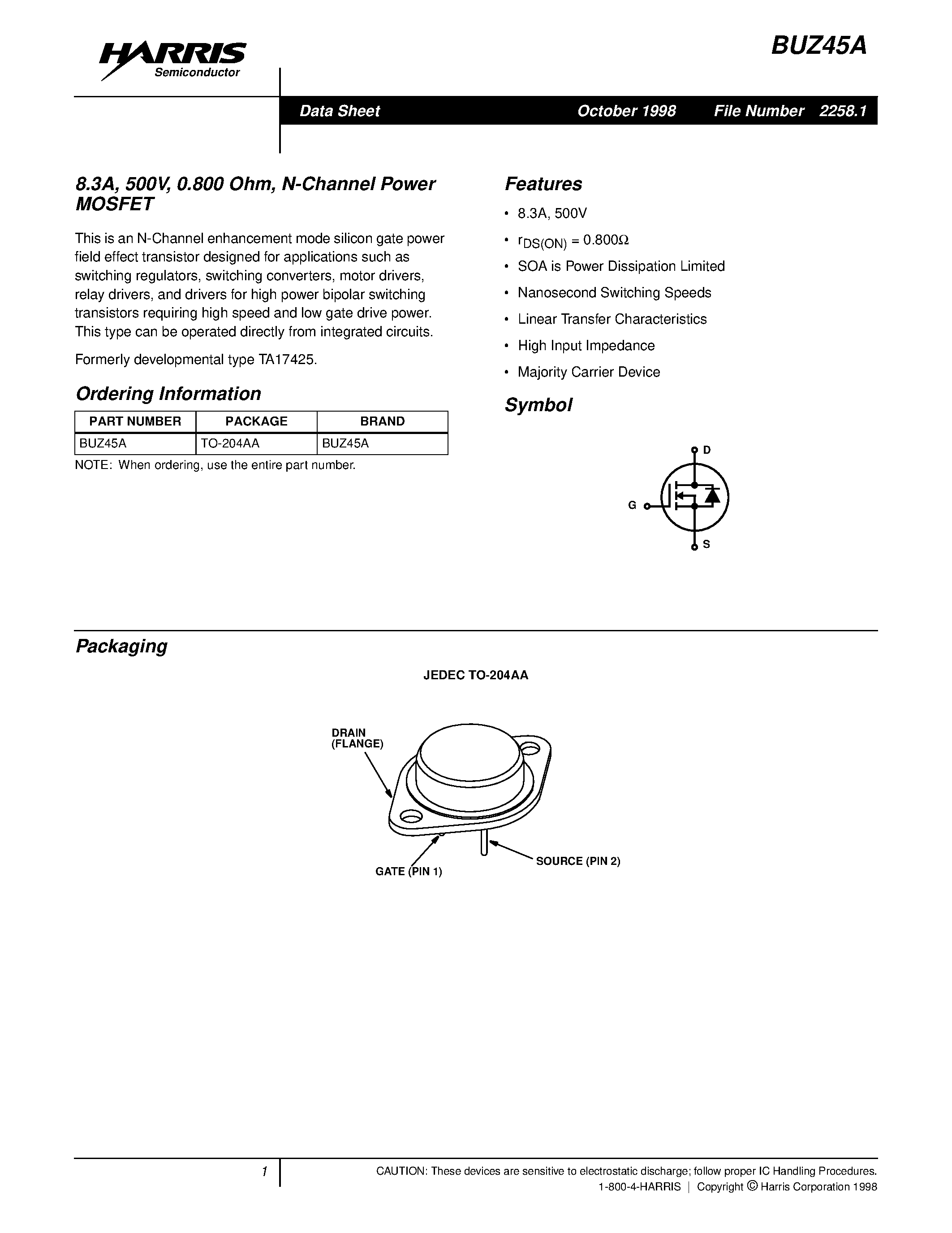 Даташит BUZ45A - 8.3A/ 500V/ 0.800 Ohm/ N-Channel Power MOSFET страница 1
