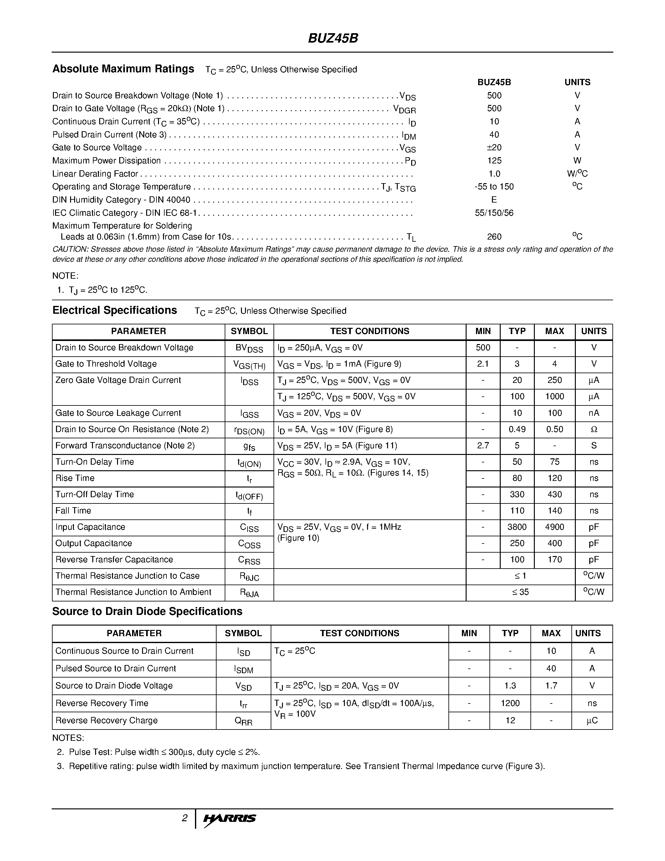 Даташит BUZ45B - 10A/ 500V/ 0.500 Ohm/ N-Channel Power MOSFET страница 2