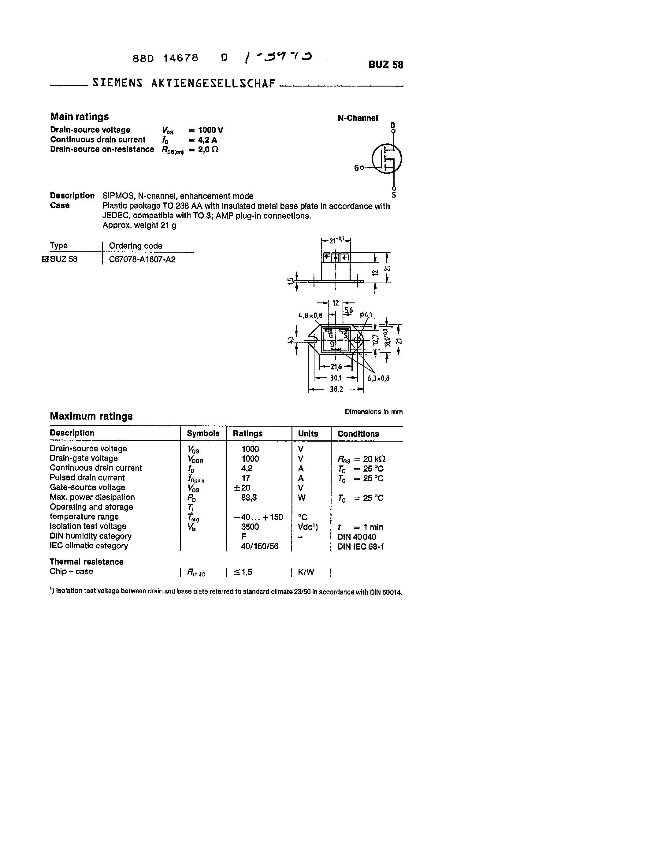 Datasheet BUZ58 - main ratings page 1