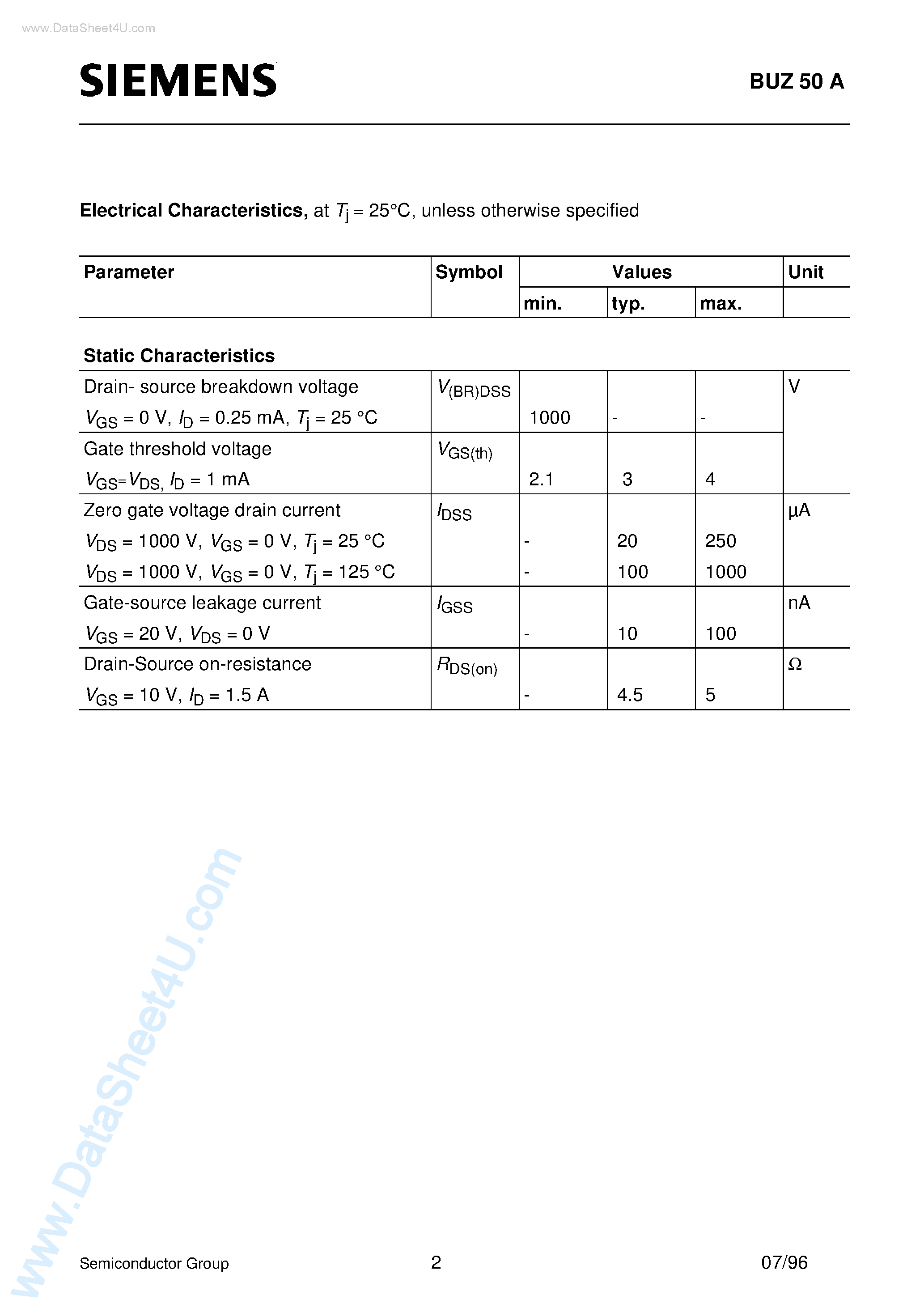 Даташит BUZ50A - SIPMOS Power Transistor (N channel Enhancement mode) страница 2