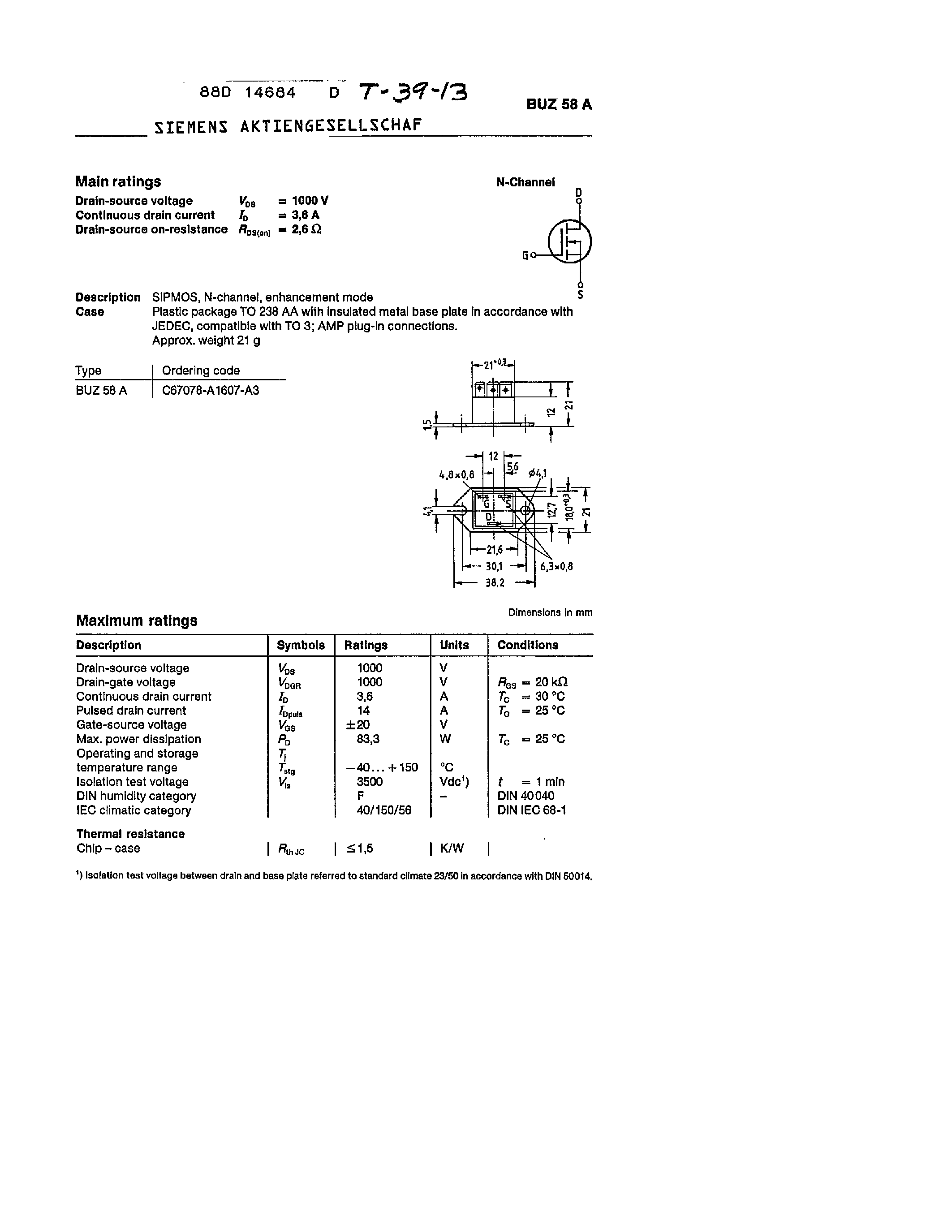 Datasheet BUZ58A page 1 Datasheet BUZ58A - main ratings page 1