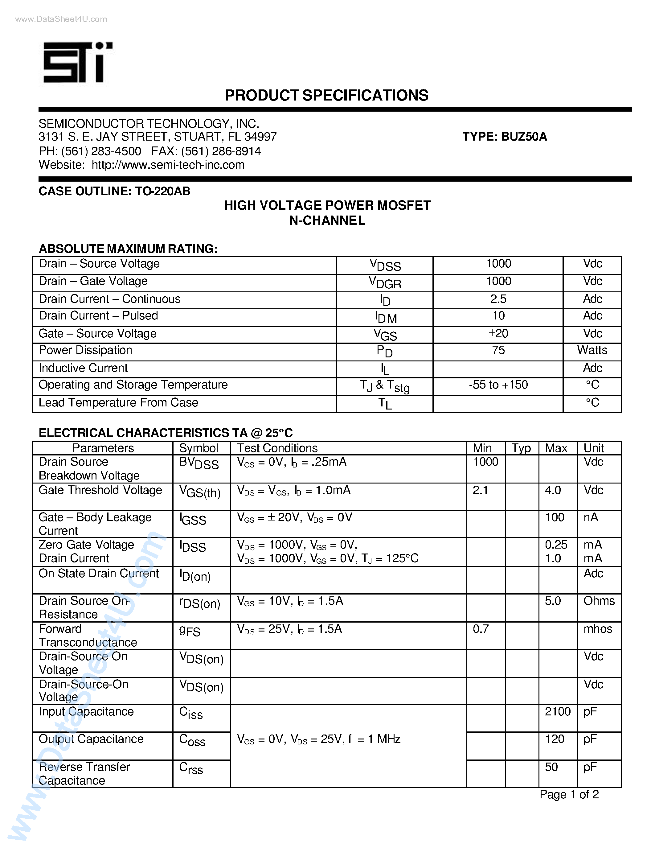 Даташит BUZ50A - HIGH VOLTAGE POWER MOSFET N-CHANNEL страница 1