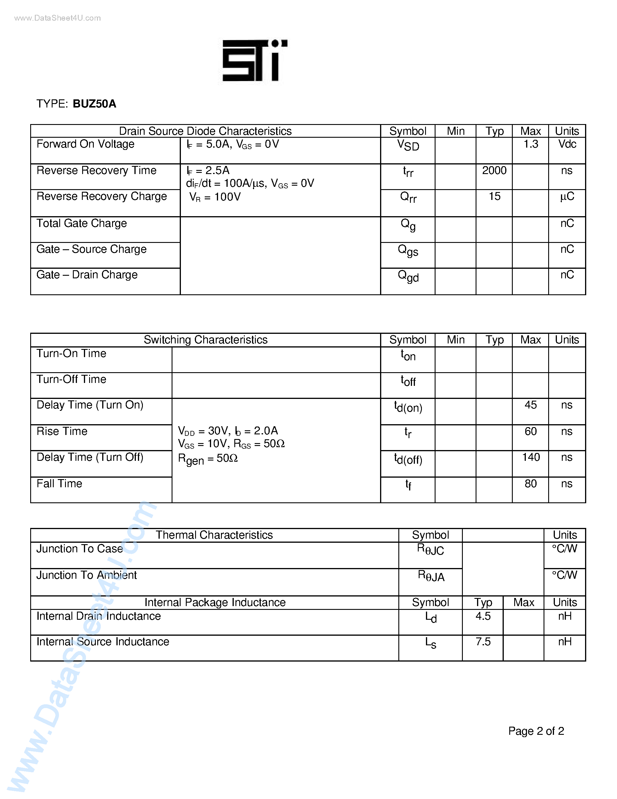 Даташит BUZ50A - HIGH VOLTAGE POWER MOSFET N-CHANNEL страница 2