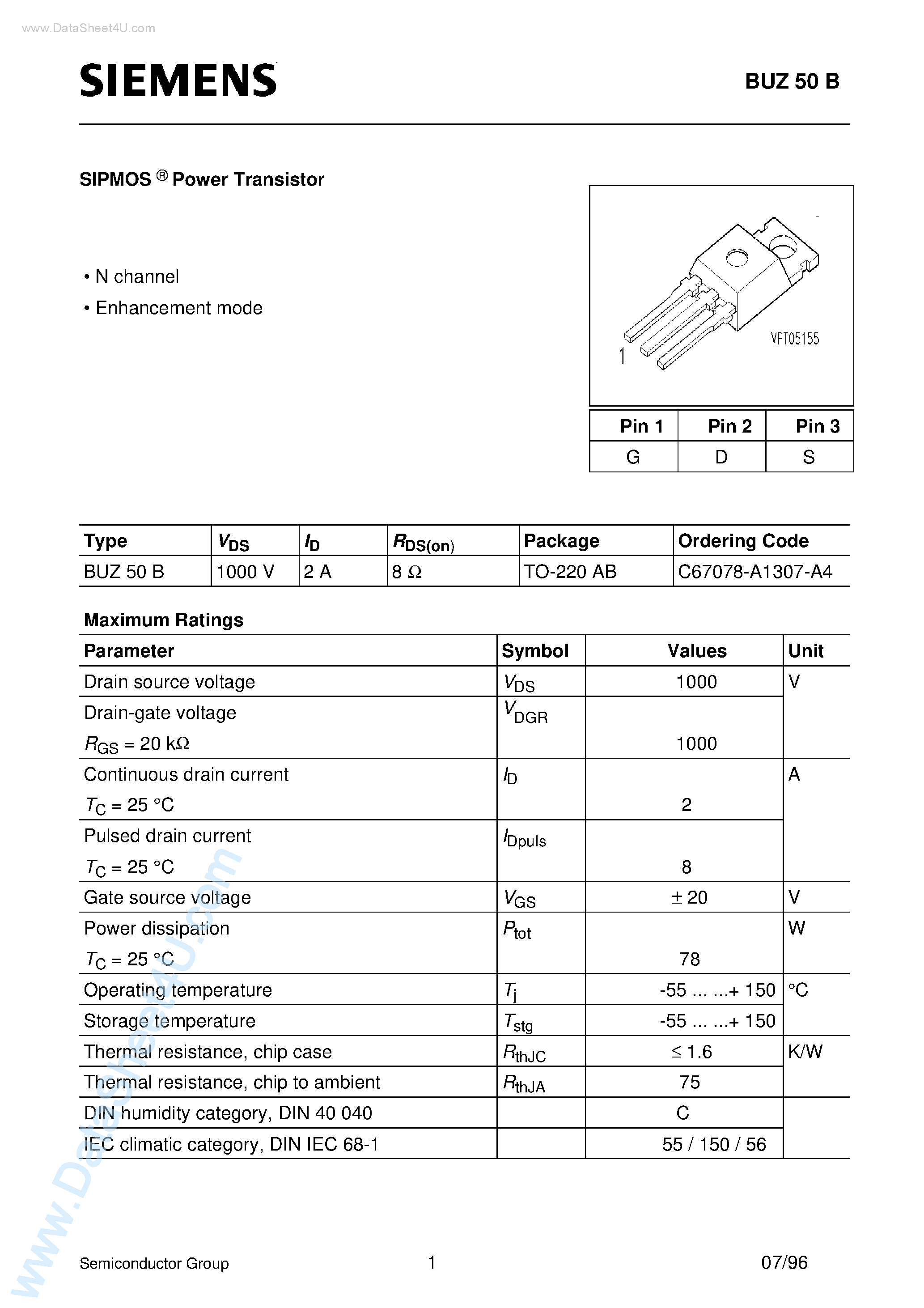 Даташит BUZ50B - SIPMOS Power Transistor (N channel Enhancement mode) страница 1