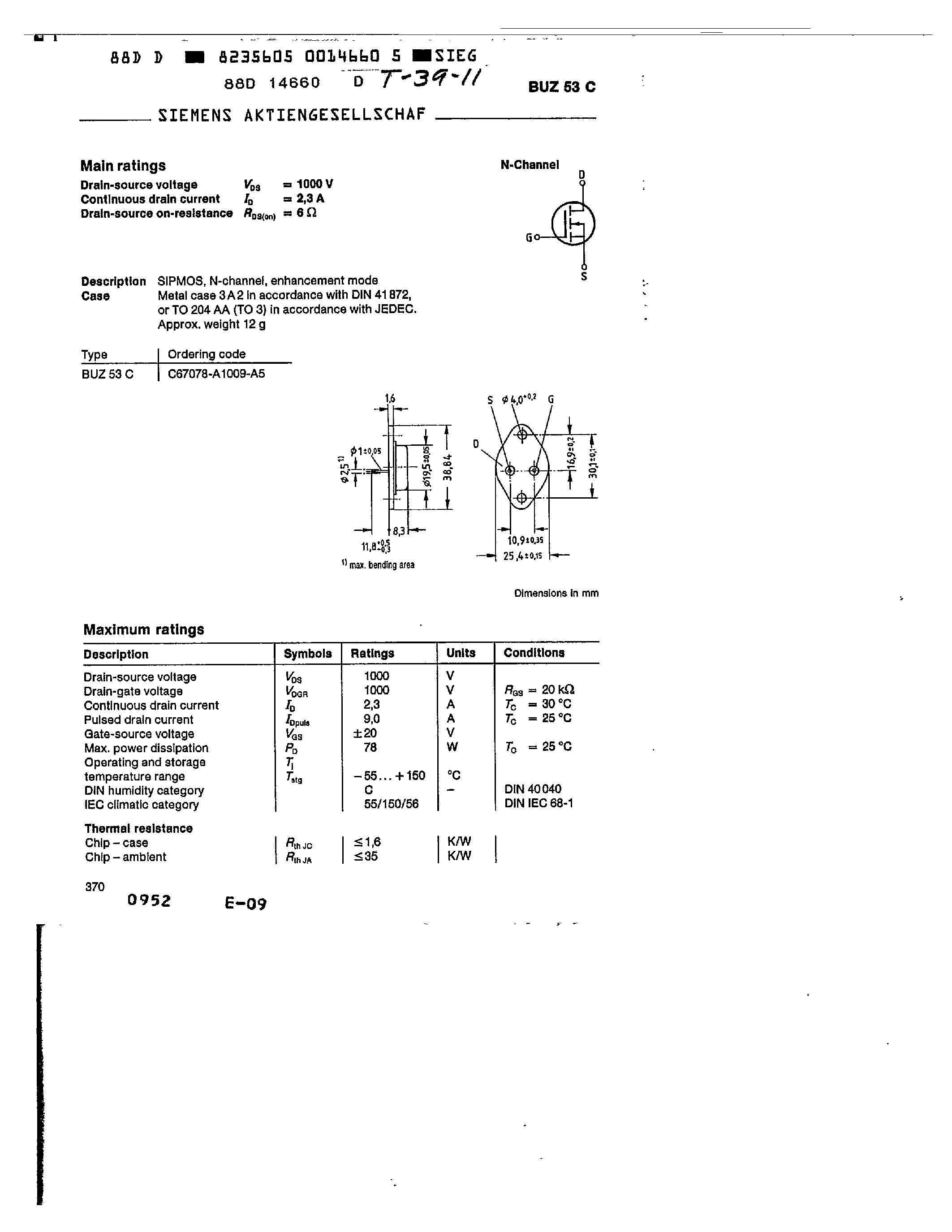Datasheet BUZ60 - 5.5A/ 400V/ 1.000 Ohm/ N-Channel Power MOSFET page 1