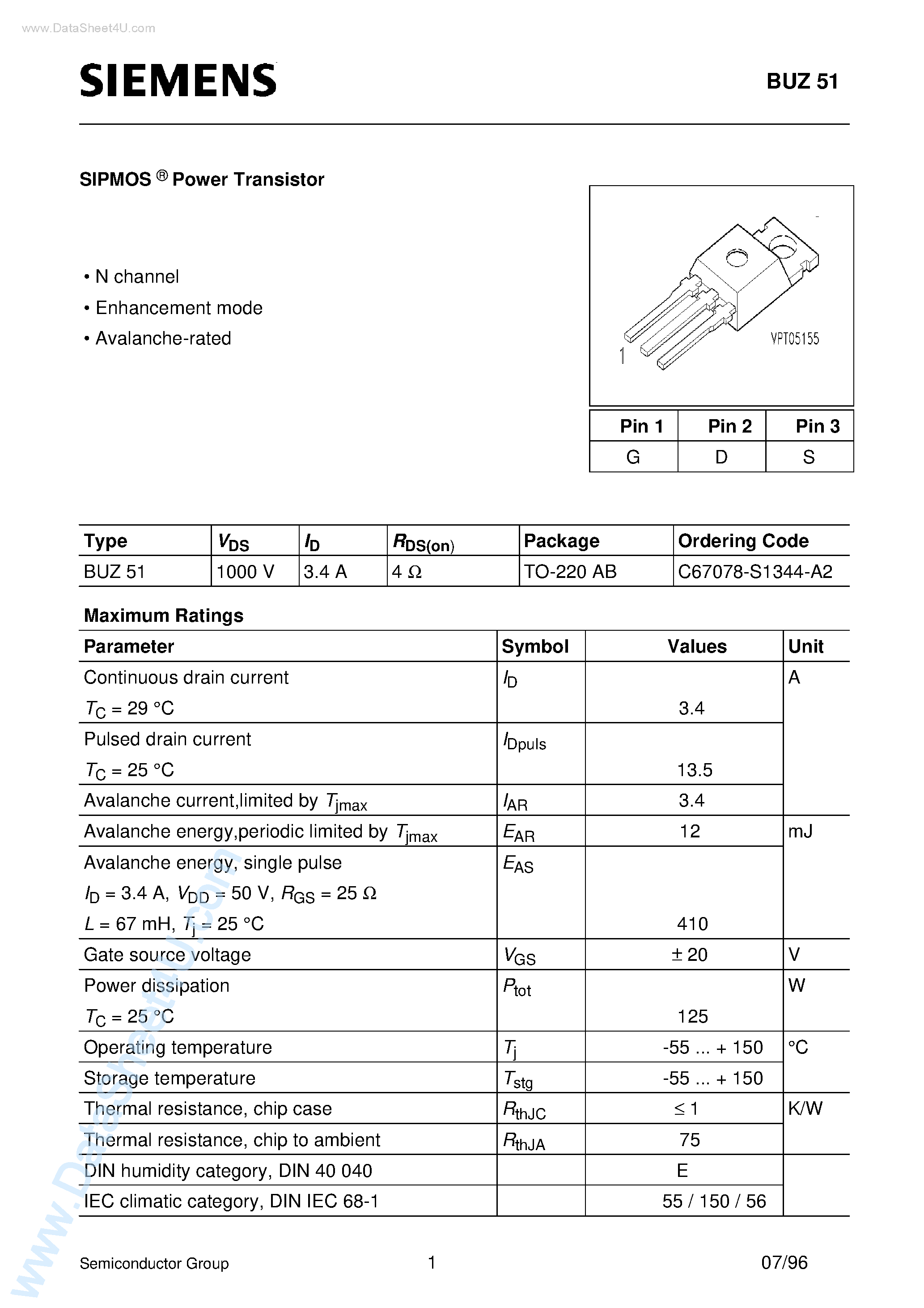 Даташит BUZ51 - SIPMOS Power Transistor (N channel Enhancement mode Avalanche-rated) страница 1