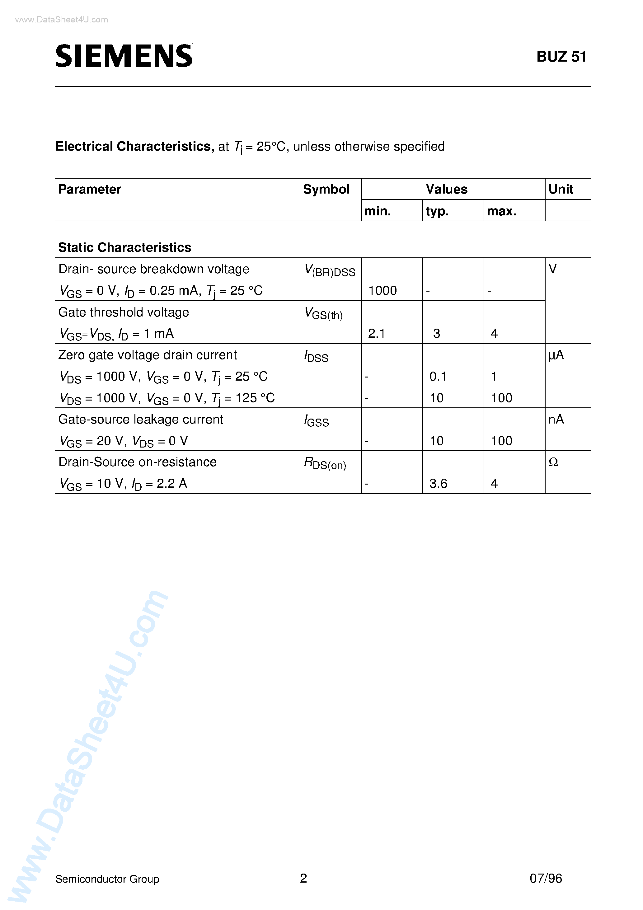Даташит BUZ51 - SIPMOS Power Transistor (N channel Enhancement mode Avalanche-rated) страница 2