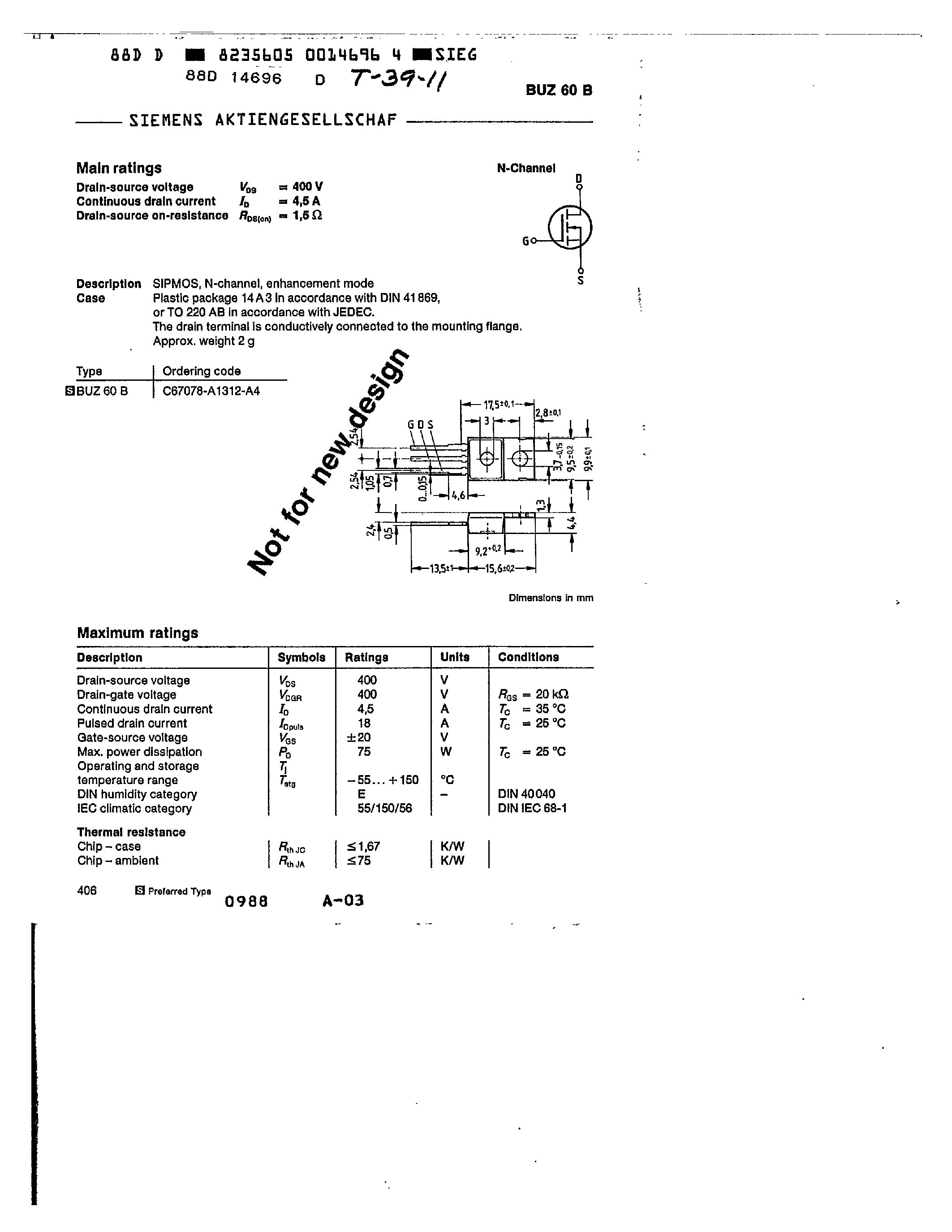 Datasheet BUZ60B page 1 Datasheet BUZ60B - 4.5A/ 400V/ 1.500 Ohm/ N-Channel Power MOSFET page 1