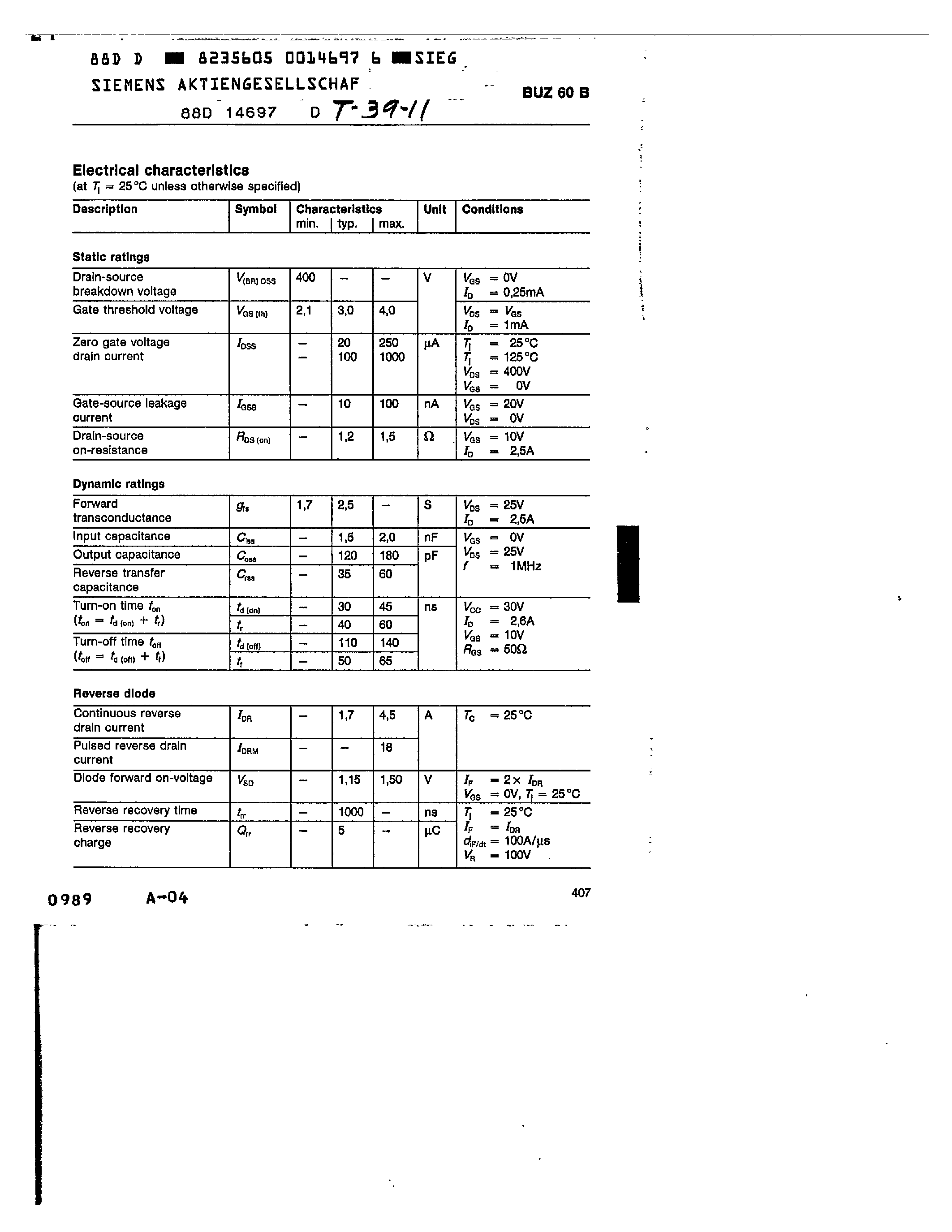 Datasheet BUZ60B page 2 Datasheet BUZ60B - 4.5A/ 400V/ 1.500 Ohm/ N-Channel Power MOSFET page 2
