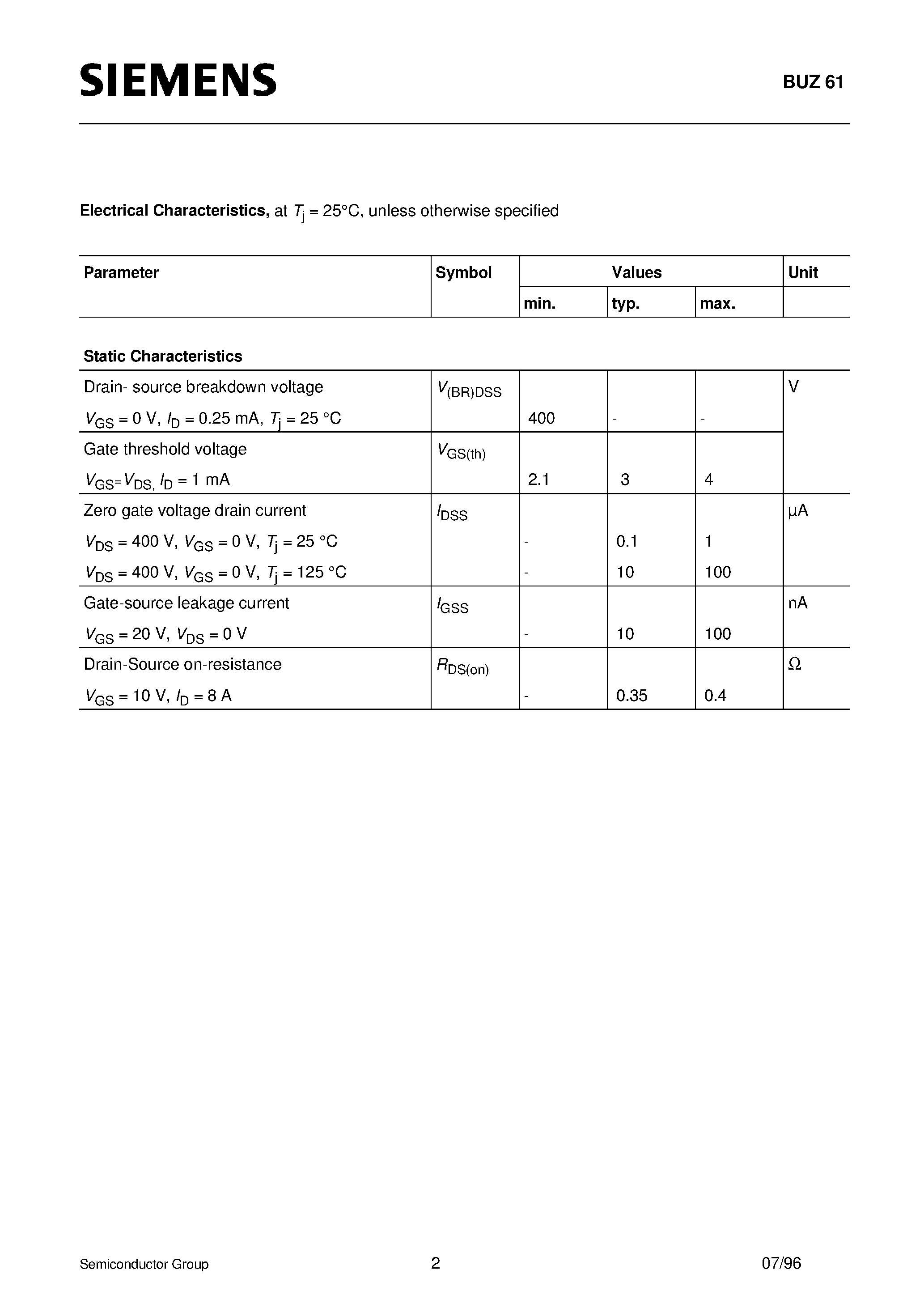 Datasheet BUZ61 page 2 Datasheet BUZ61 - SIPMOS Power Transistor page 2