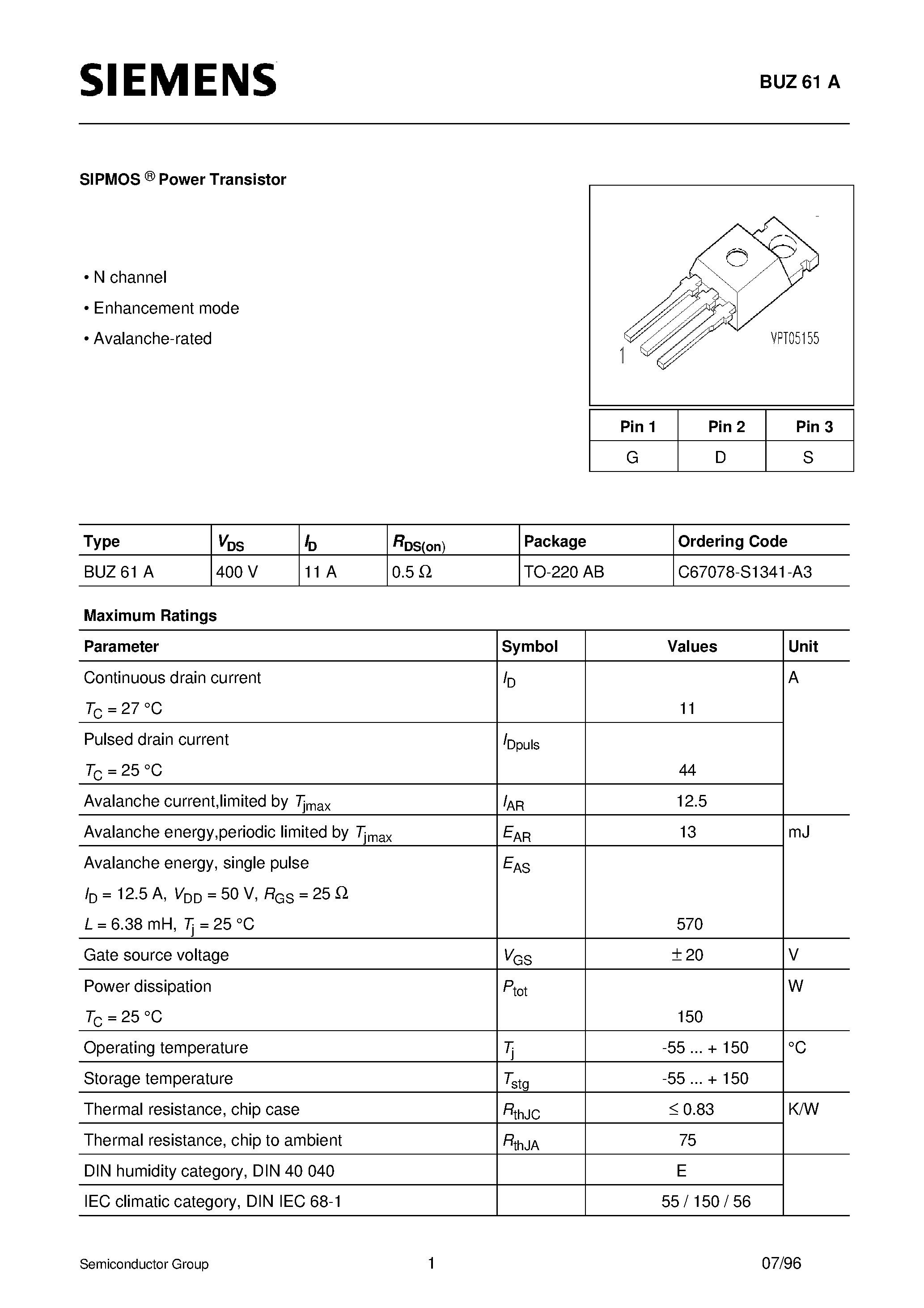 Datasheet BUZ61A - SIPMOS Power Transistor page 1