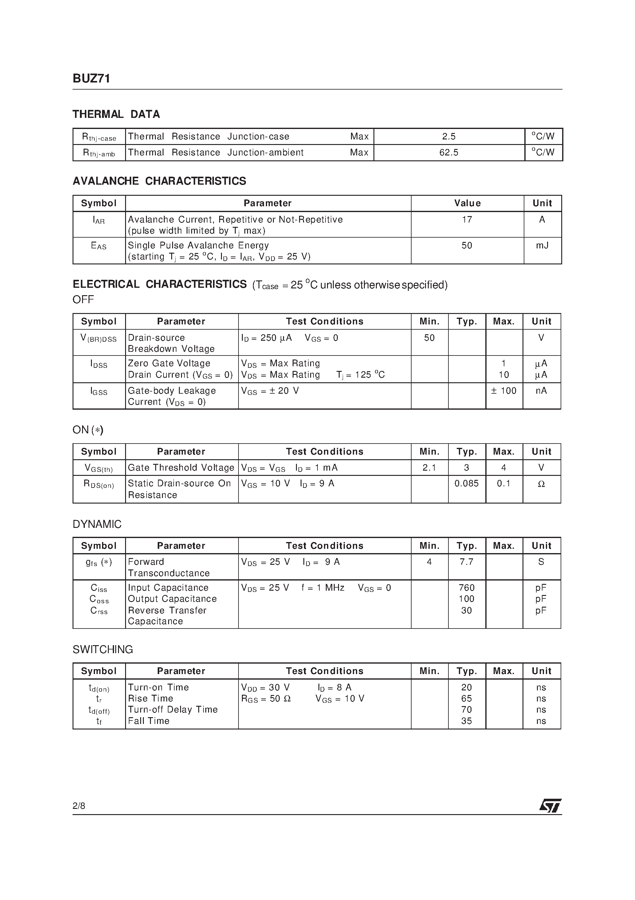 Datasheet BUZ71 - N - CHANNEL 50V - 0.085W - 17A TO-220 STripFET] POWER MOSFET page 2