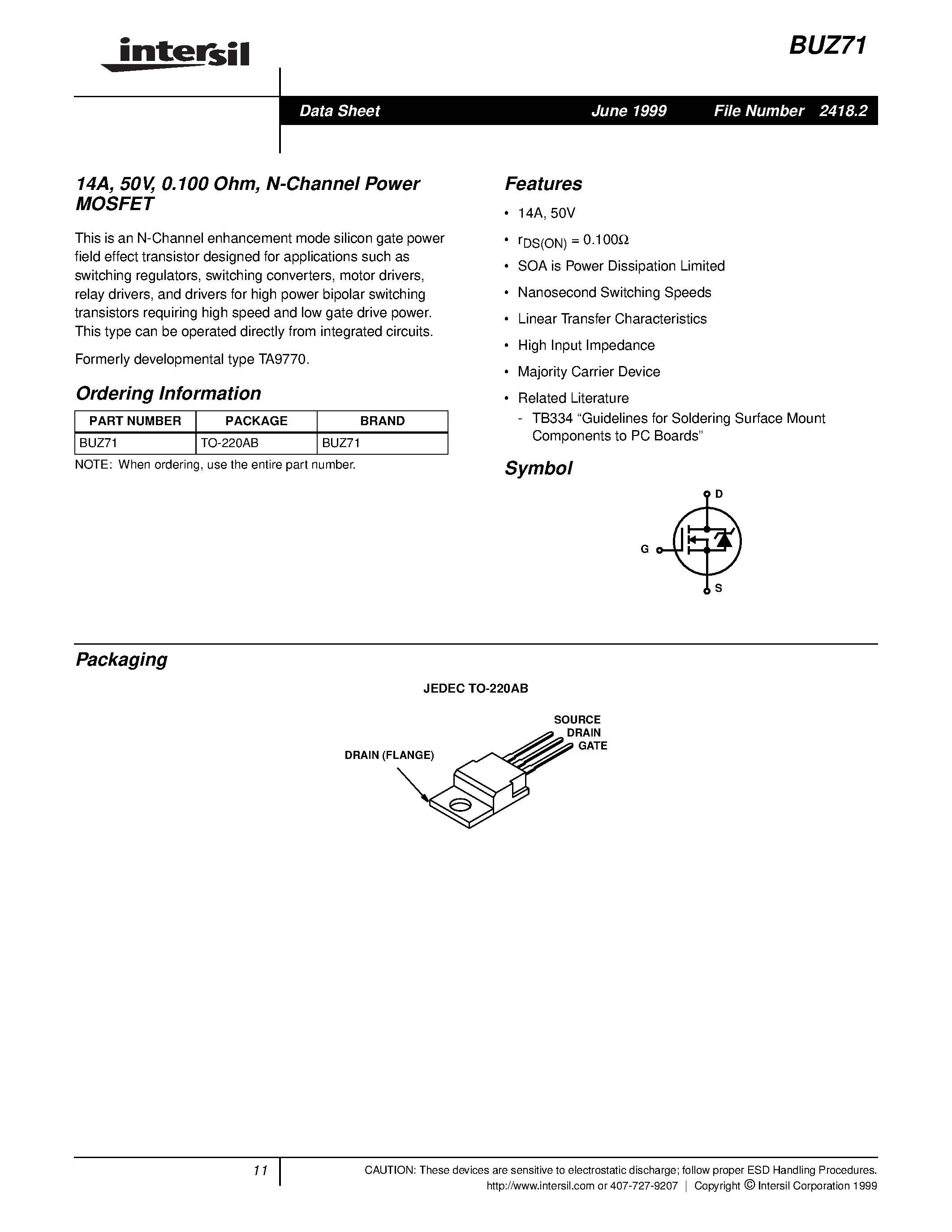 Datasheet BUZ71 page 1 Datasheet BUZ71 - 14A/ 50V/ 0.100 Ohm/ N-Channel Power MOSFET page 1