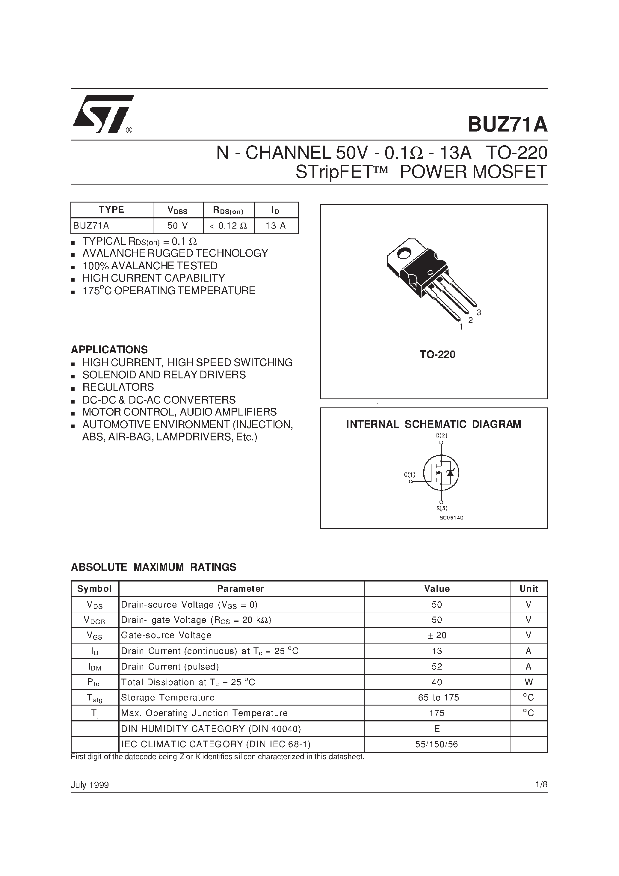 Даташит BUZ71A - N - CHANNEL 50V - 0.1W - 13A TO-220 STripFET] POWER MOSFET страница 1