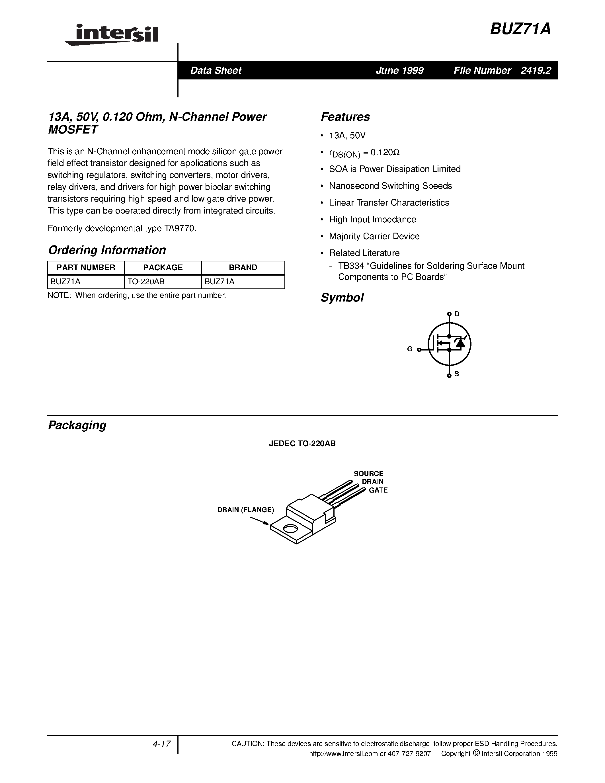 Даташит BUZ71A - 13A/ 50V/ 0.120 Ohm/ N-Channel Power MOSFET страница 1