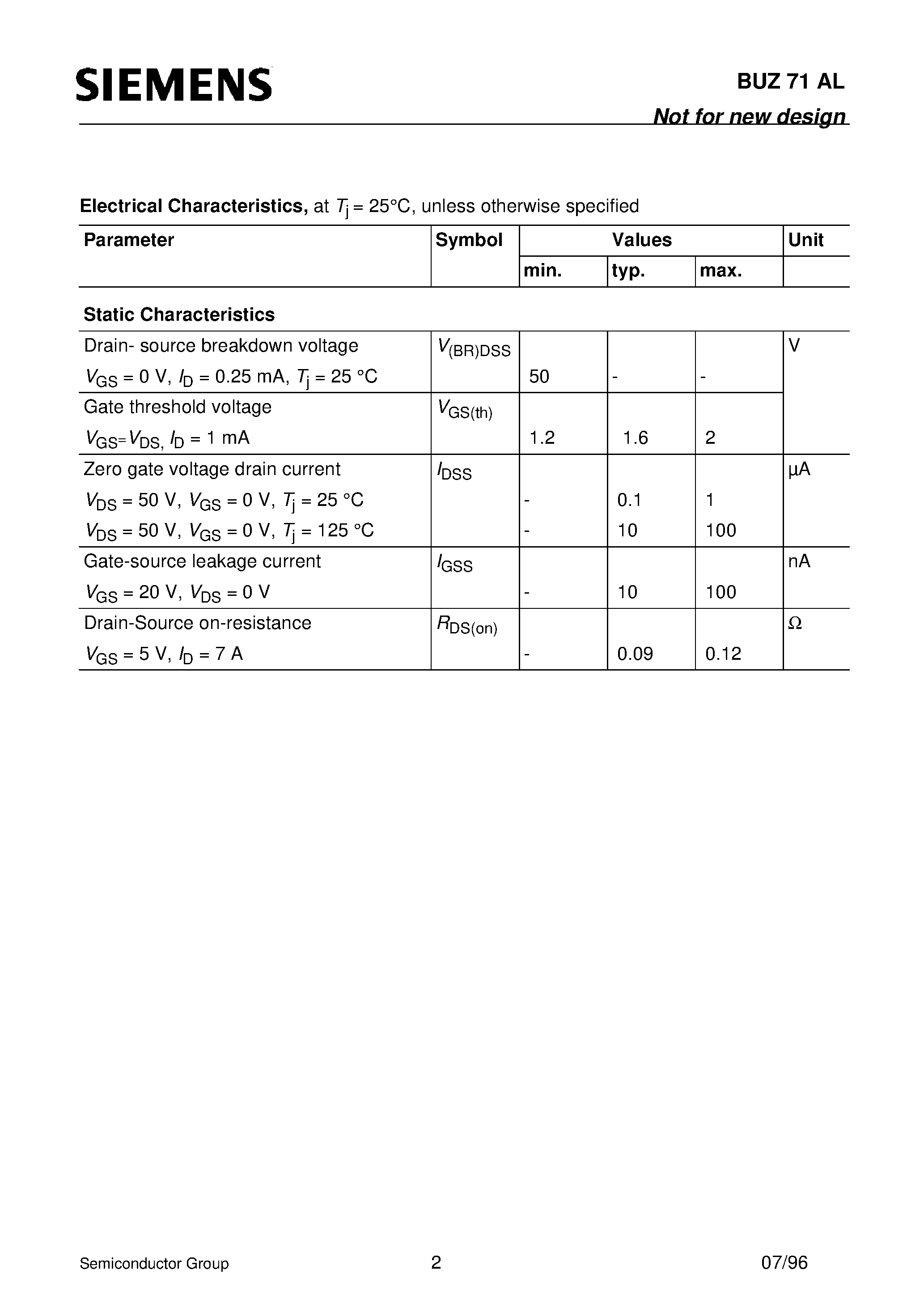 Datasheet BUZ71AL - SIPMOS Power Transistor (N channel Enhancement mode Avalanche-rated Logic Level) page 2