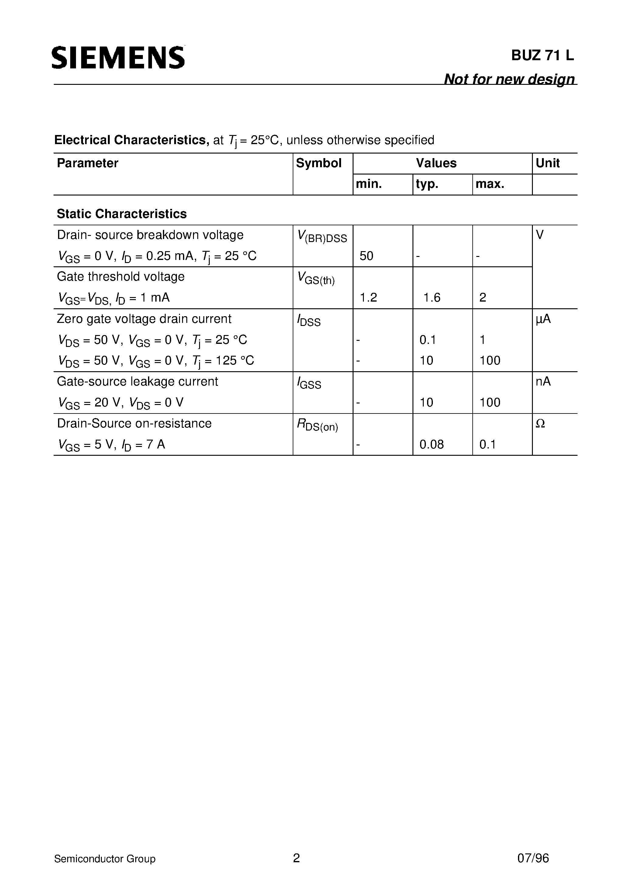 Datasheet BUZ71L - SIPMOS Power Transistor (N channel Enhancement mode Avalanche-rated Logic Level) page 2