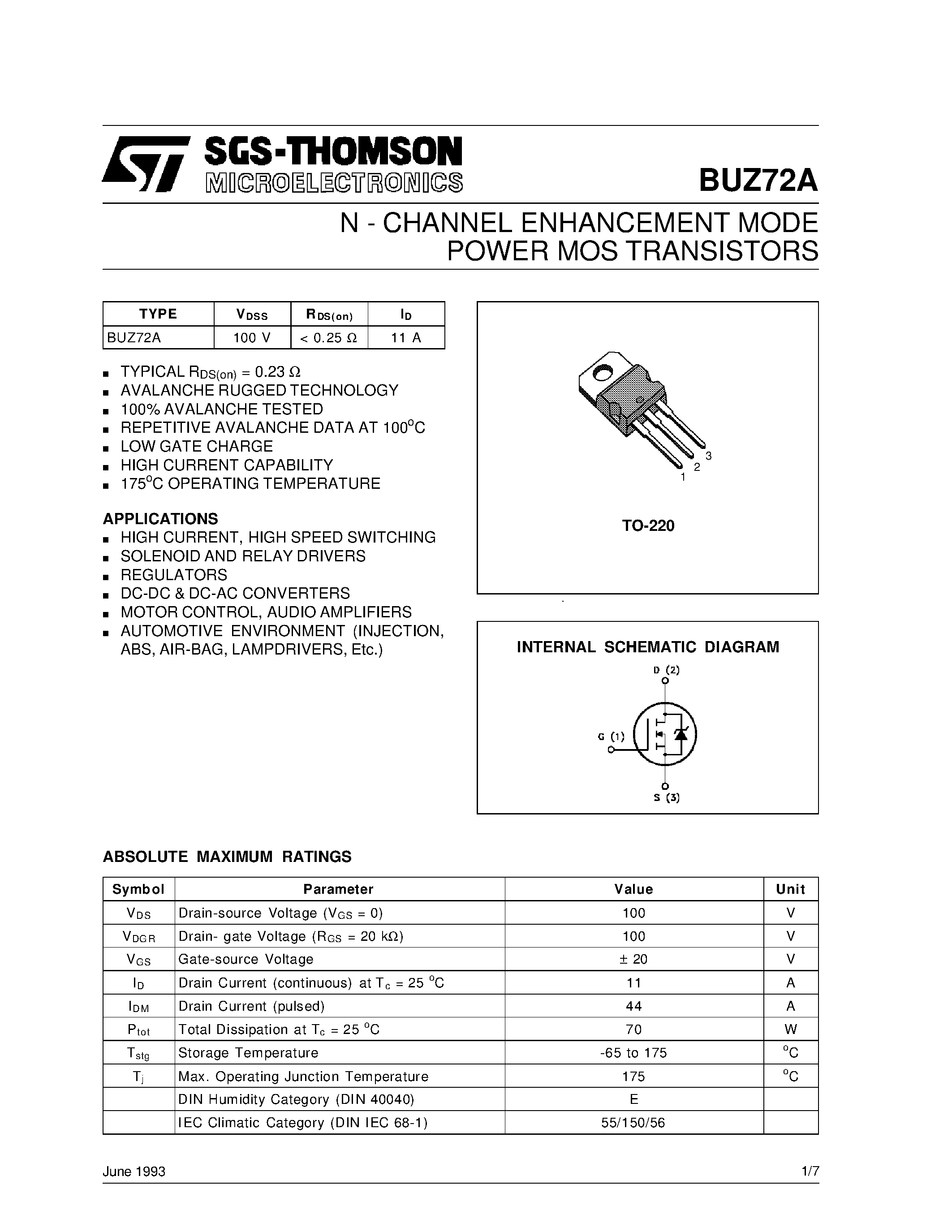 Datasheet BUZ72A page 1 Datasheet BUZ72A - N - CHANNEL ENHANCEMENT MODE POWER MOS TRANSISTORS page 1
