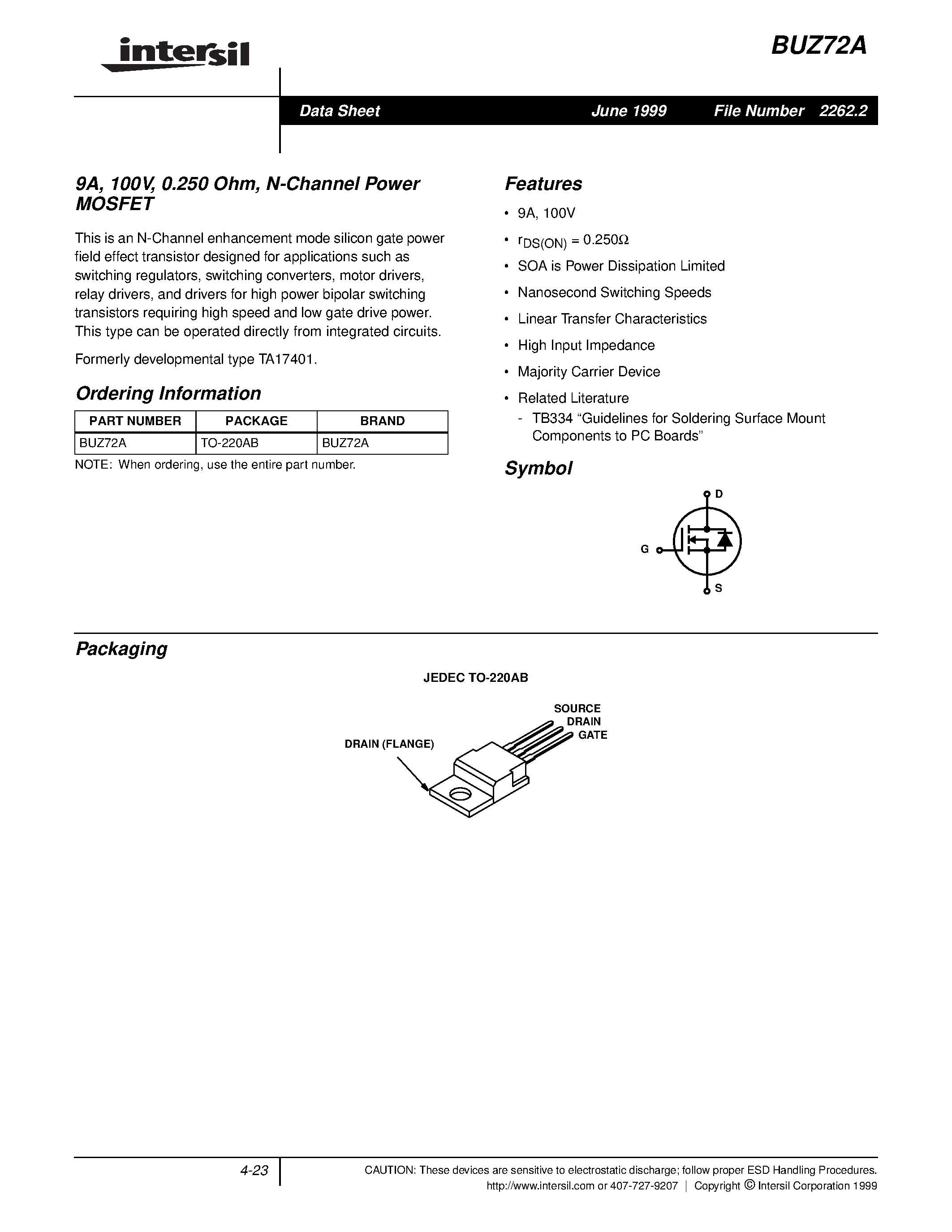 Datasheet BUZ72A page 1 Datasheet BUZ72A - 9A/ 100V/ 0.250 Ohm/ N-Channel Power MOSFET page 1